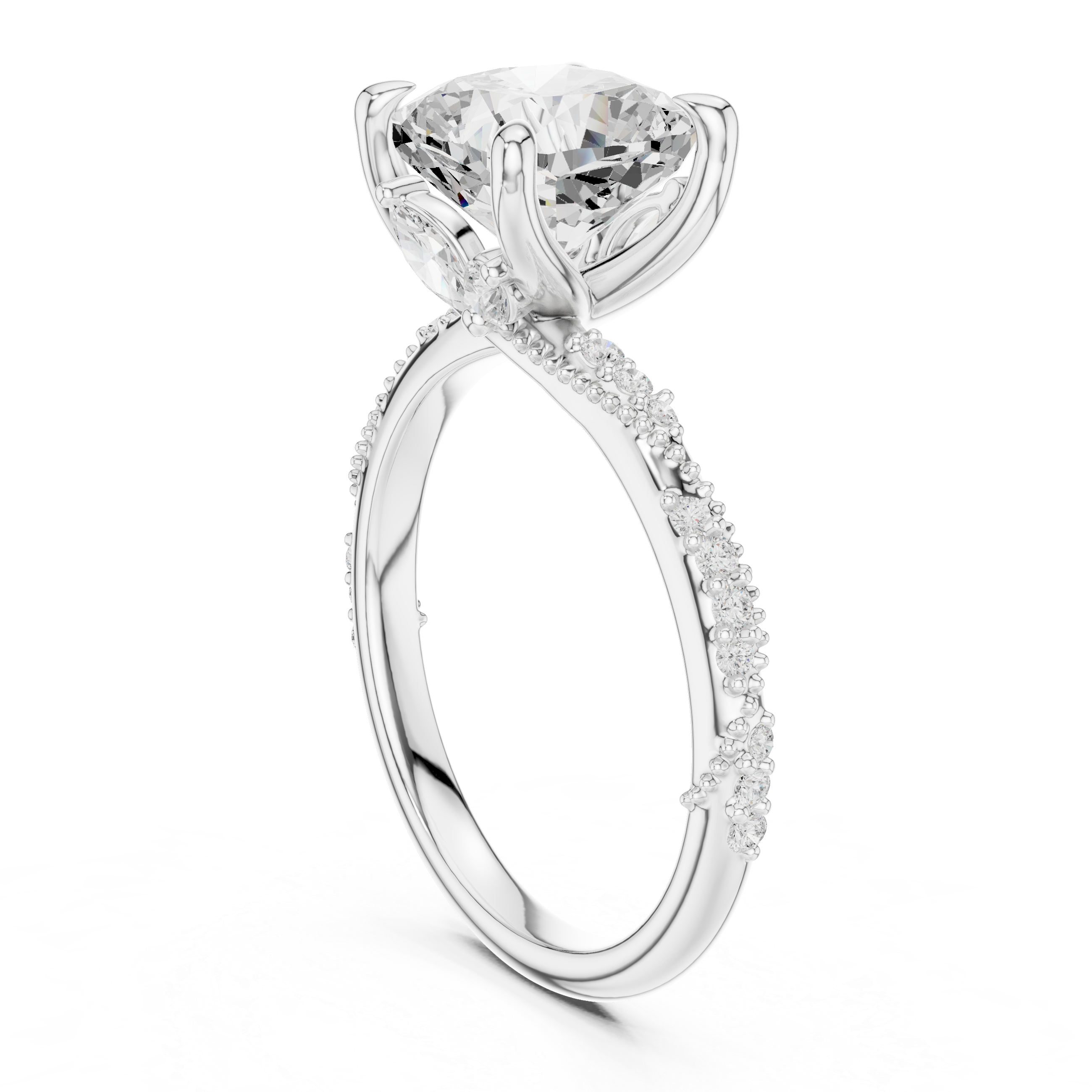 Cushion Cut Solitaire Engagement Ring with Side Pavé Diamond Band and Hidden Halo