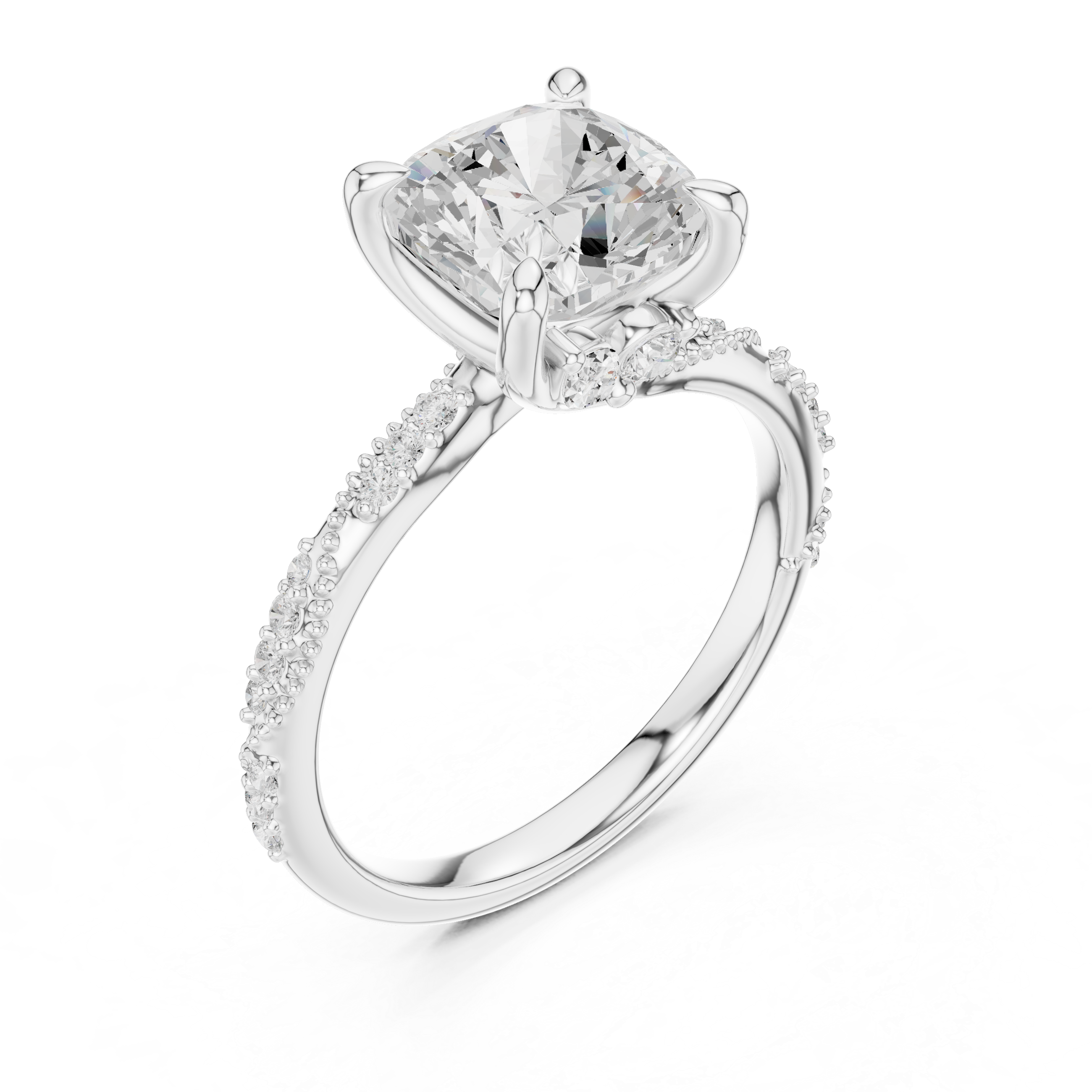 Cushion Cut Solitaire Engagement Ring with Side Pavé Diamond Band and Hidden Halo
