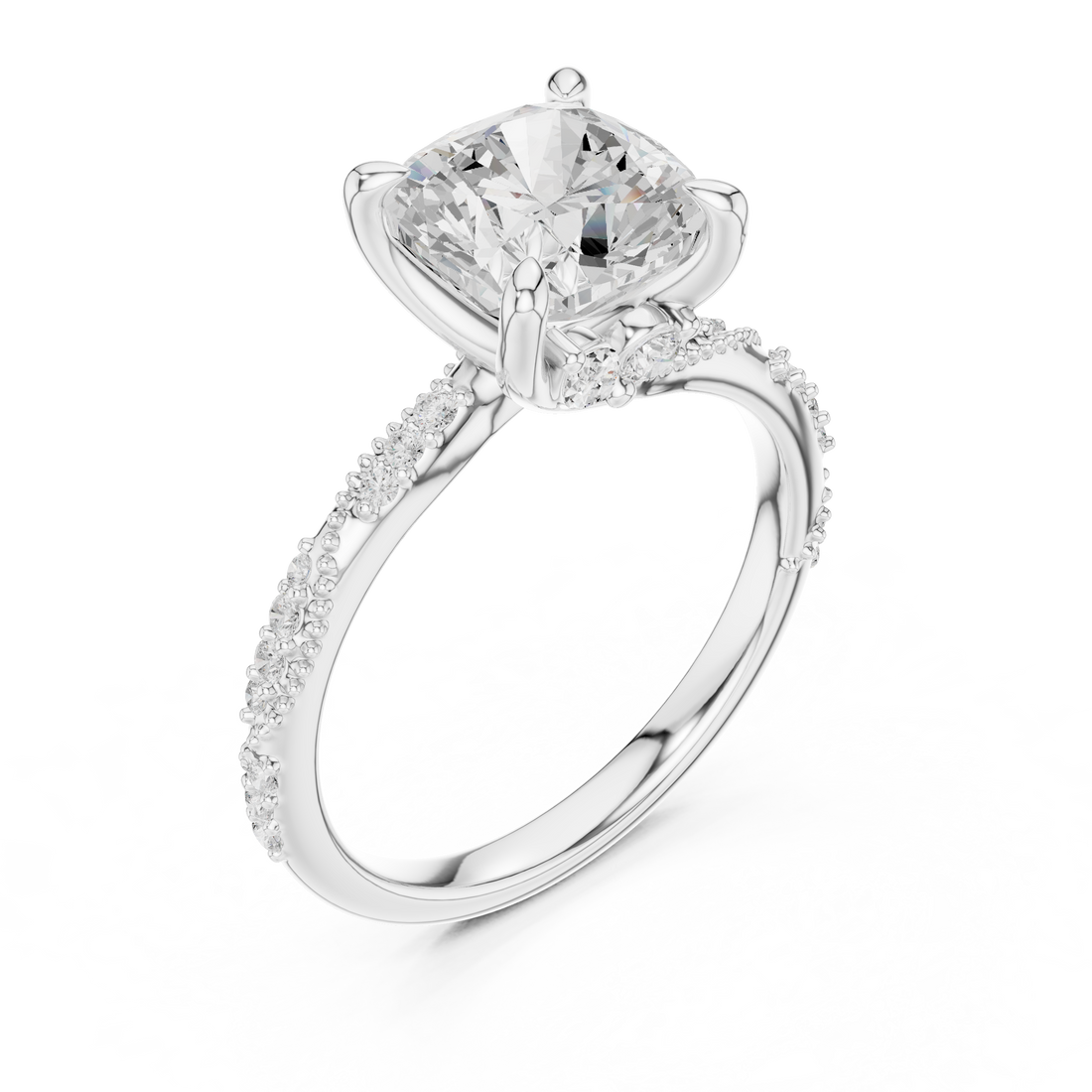 Cushion Cut Solitaire Engagement Ring with Side Pavé Diamond Band and Hidden Halo