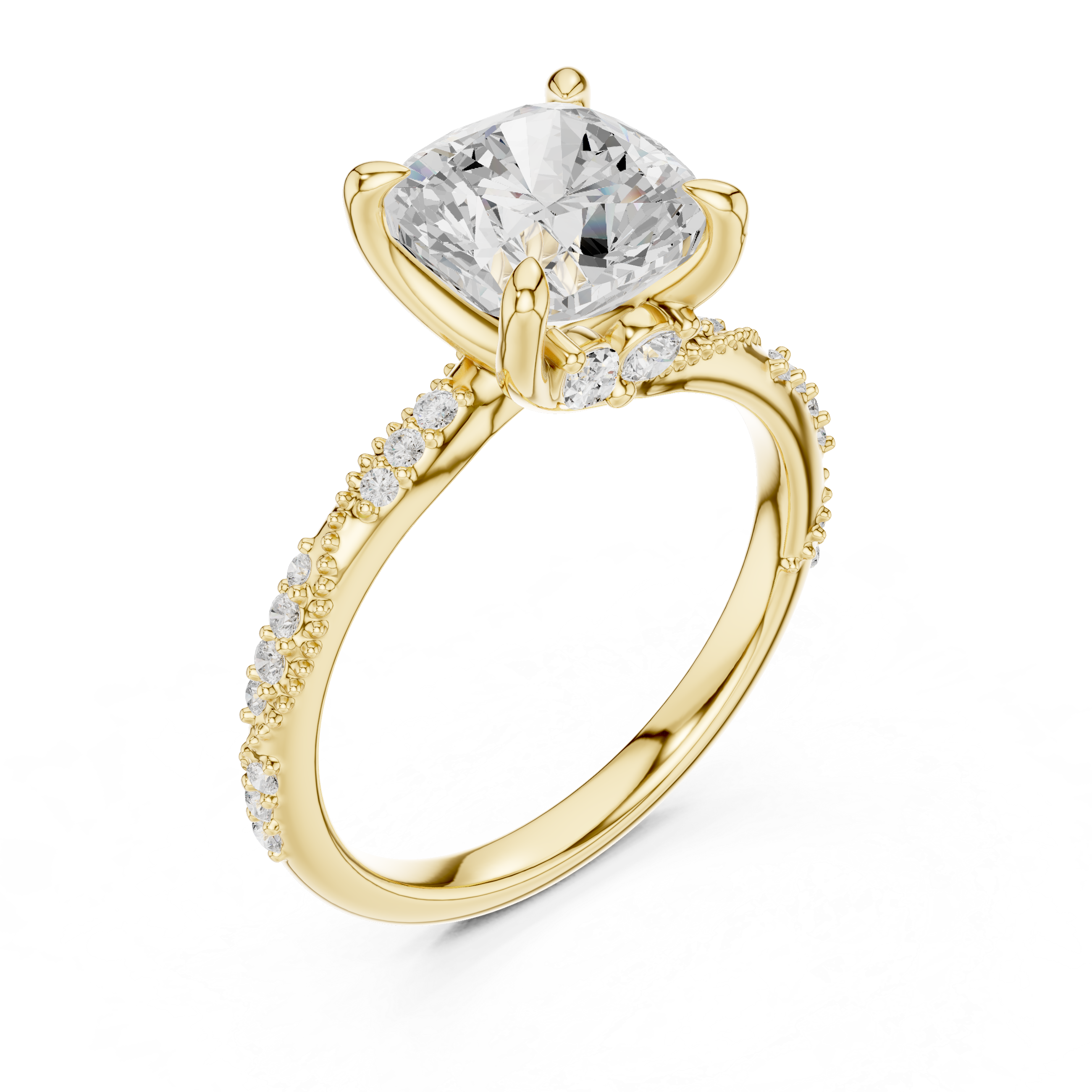 Cushion Cut Solitaire Engagement Ring with Side Pavé Diamond Band and Hidden Halo