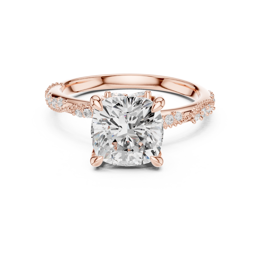 Cushion Cut Solitaire Engagement Ring with Side Pavé Diamond Band and Hidden Halo
