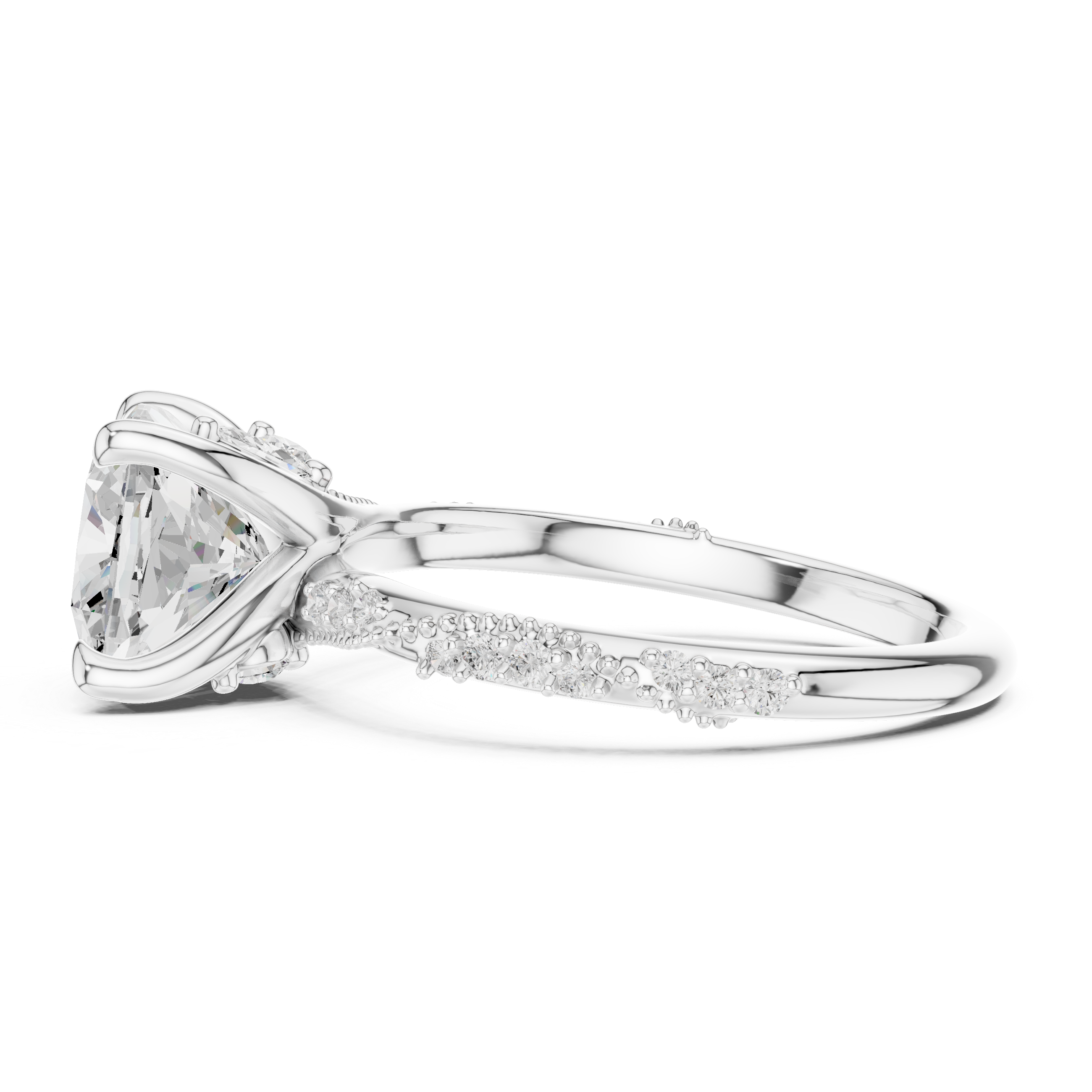 Cushion Cut Solitaire Engagement Ring with Side Pavé Diamond Band and Hidden Halo