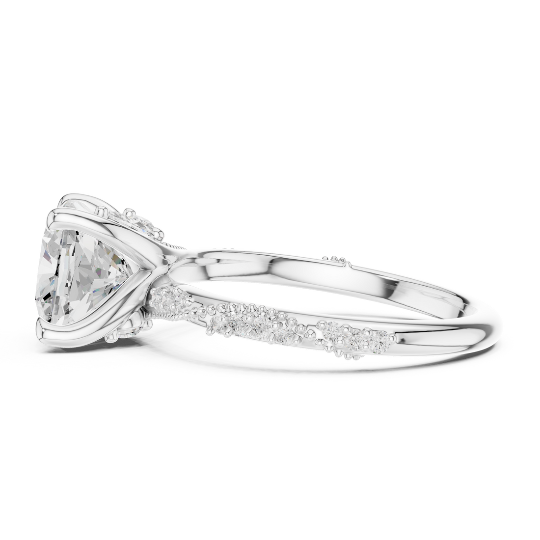 Cushion Cut Solitaire Engagement Ring with Side Pavé Diamond Band and Hidden Halo