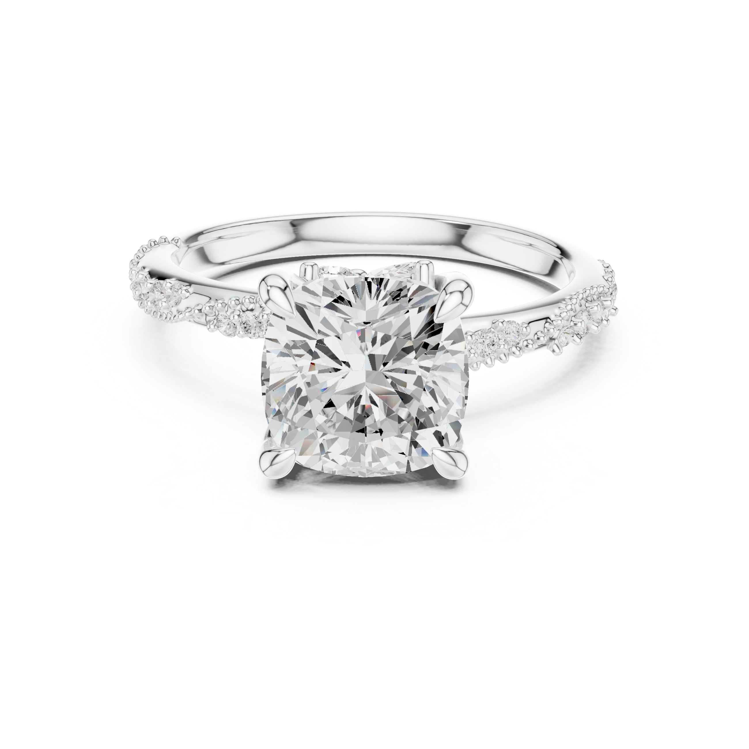 Cushion Cut Solitaire Engagement Ring with Side Pavé Diamond Band and Hidden Halo