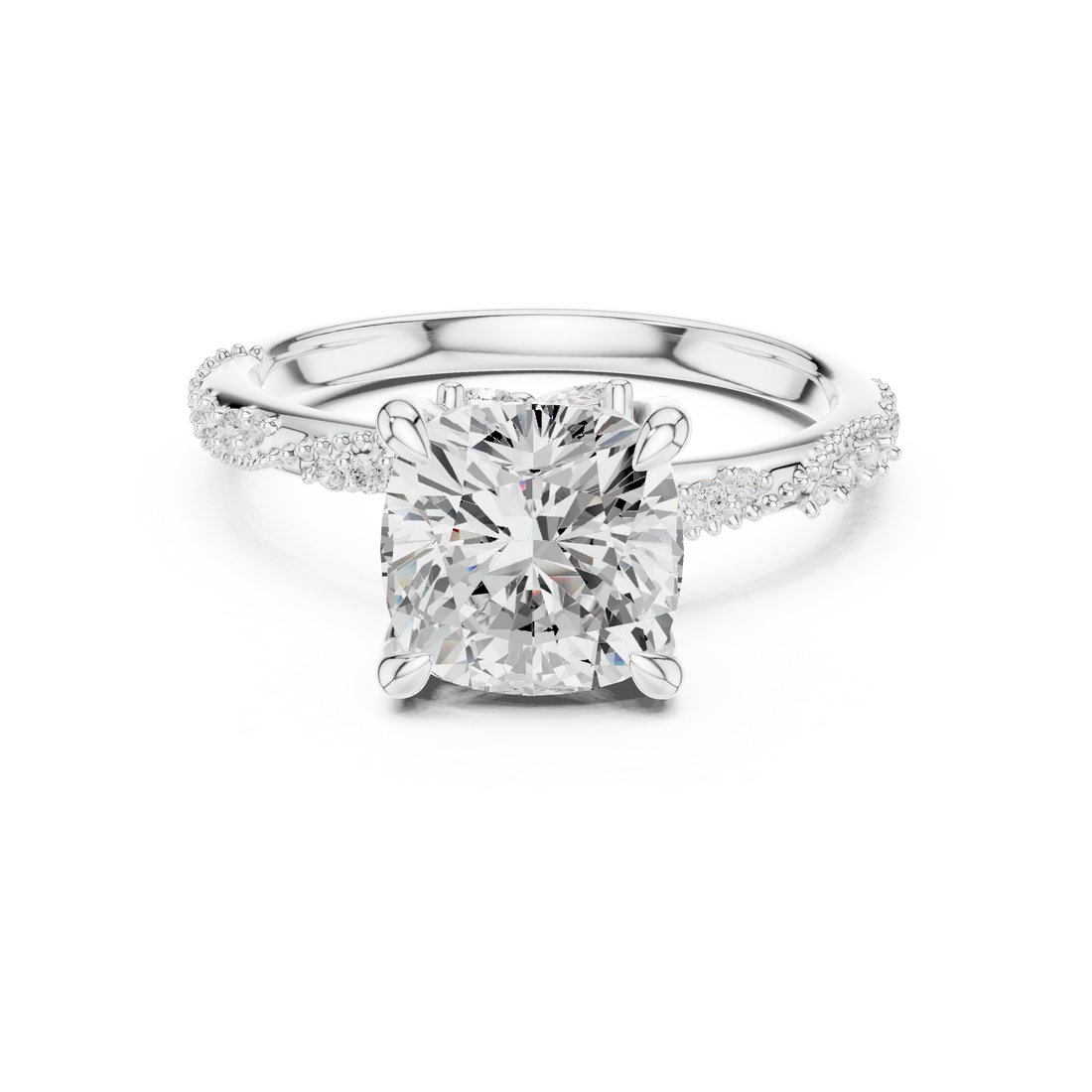 Cushion Cut Solitaire Engagement Ring with Side Pavé Diamond Band and Hidden Halo