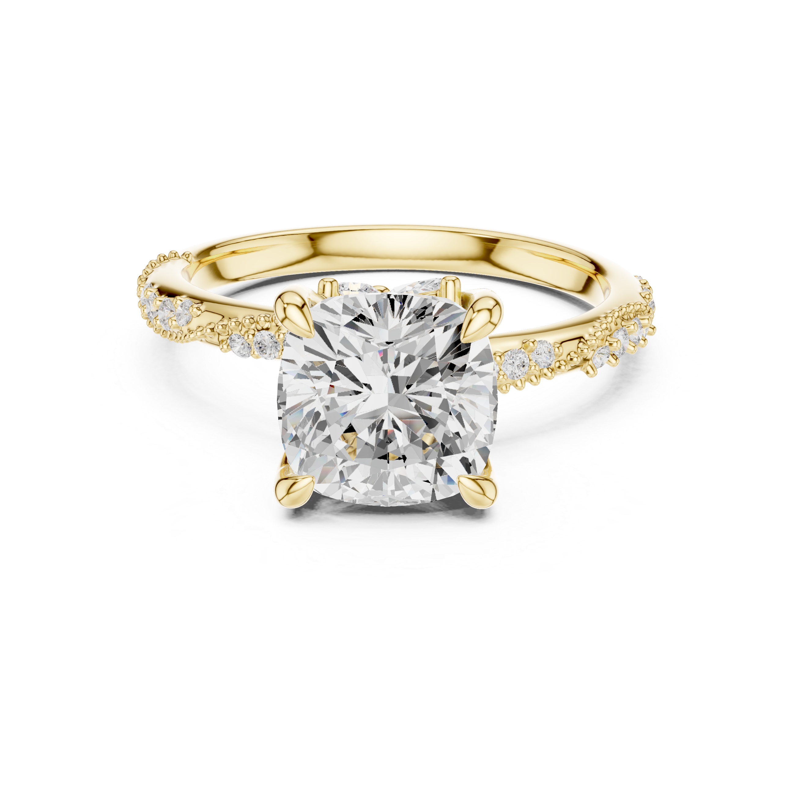 Cushion Cut Solitaire Engagement Ring with Side Pavé Diamond Band and Hidden Halo