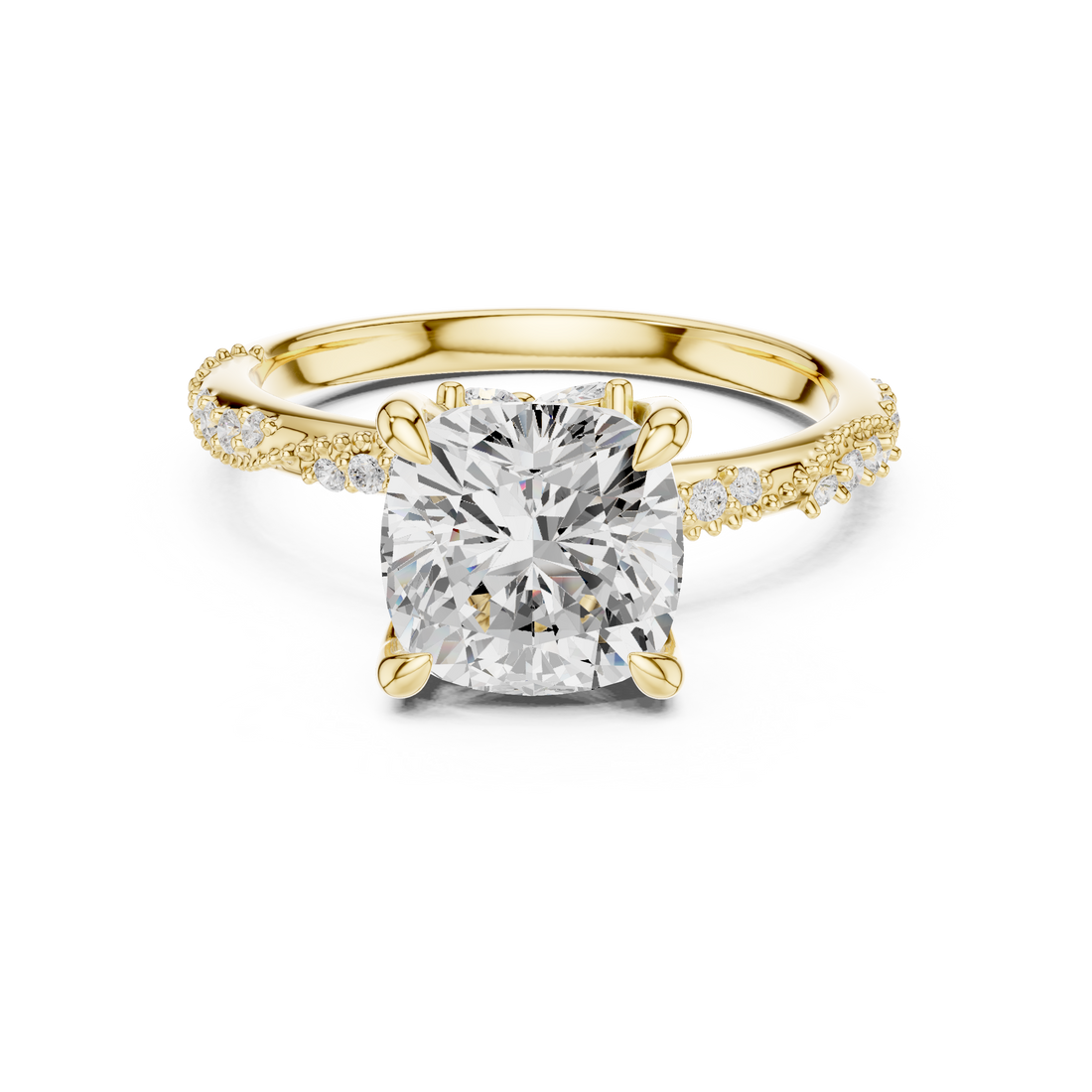 Cushion Cut Solitaire Engagement Ring with Side Pavé Diamond Band and Hidden Halo