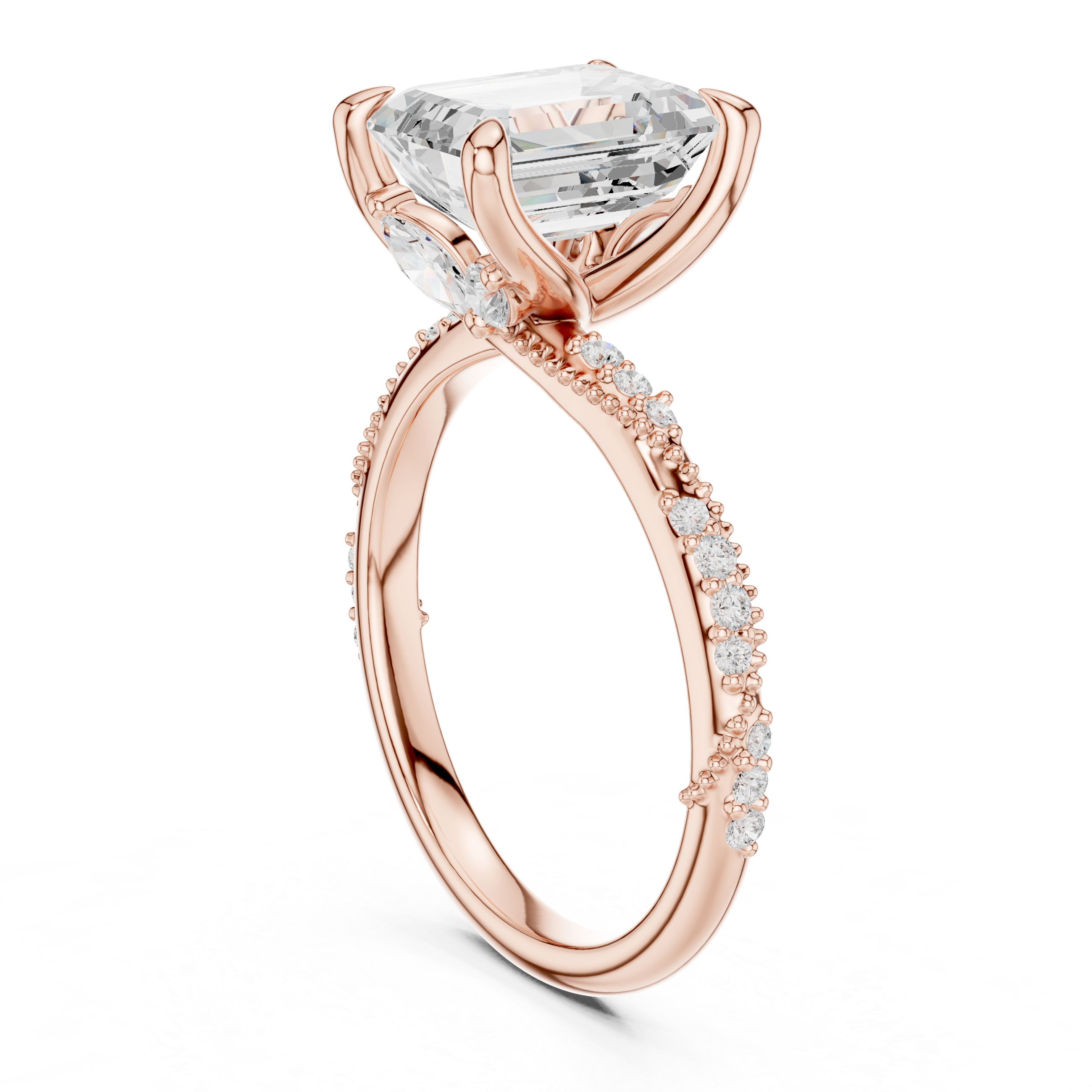 Emerald Cut Solitaire Engagement Ring with Side Pavé Diamond Band and Hidden Halo