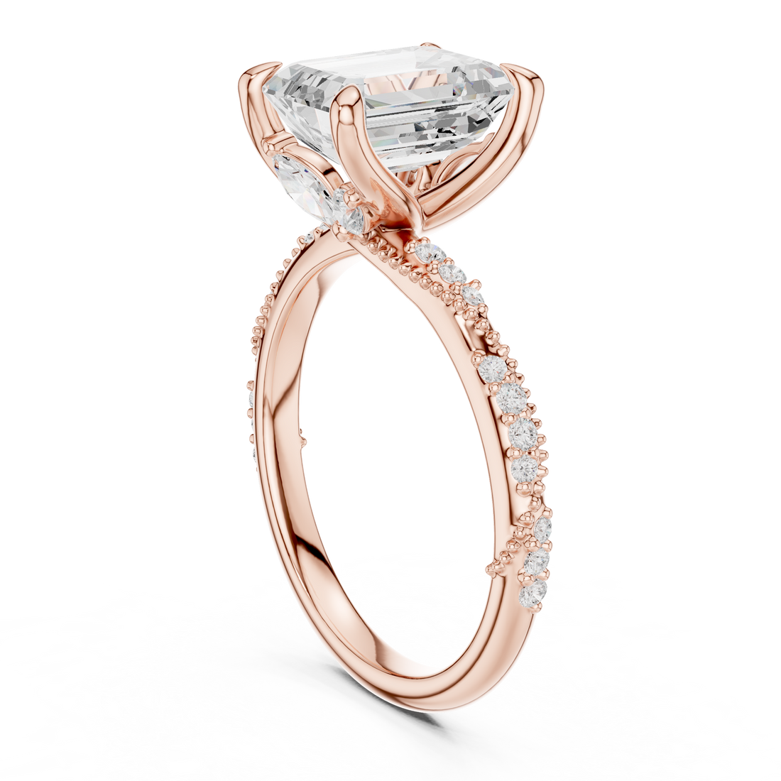 Emerald Cut Solitaire Engagement Ring with Side Pavé Diamond Band and Hidden Halo