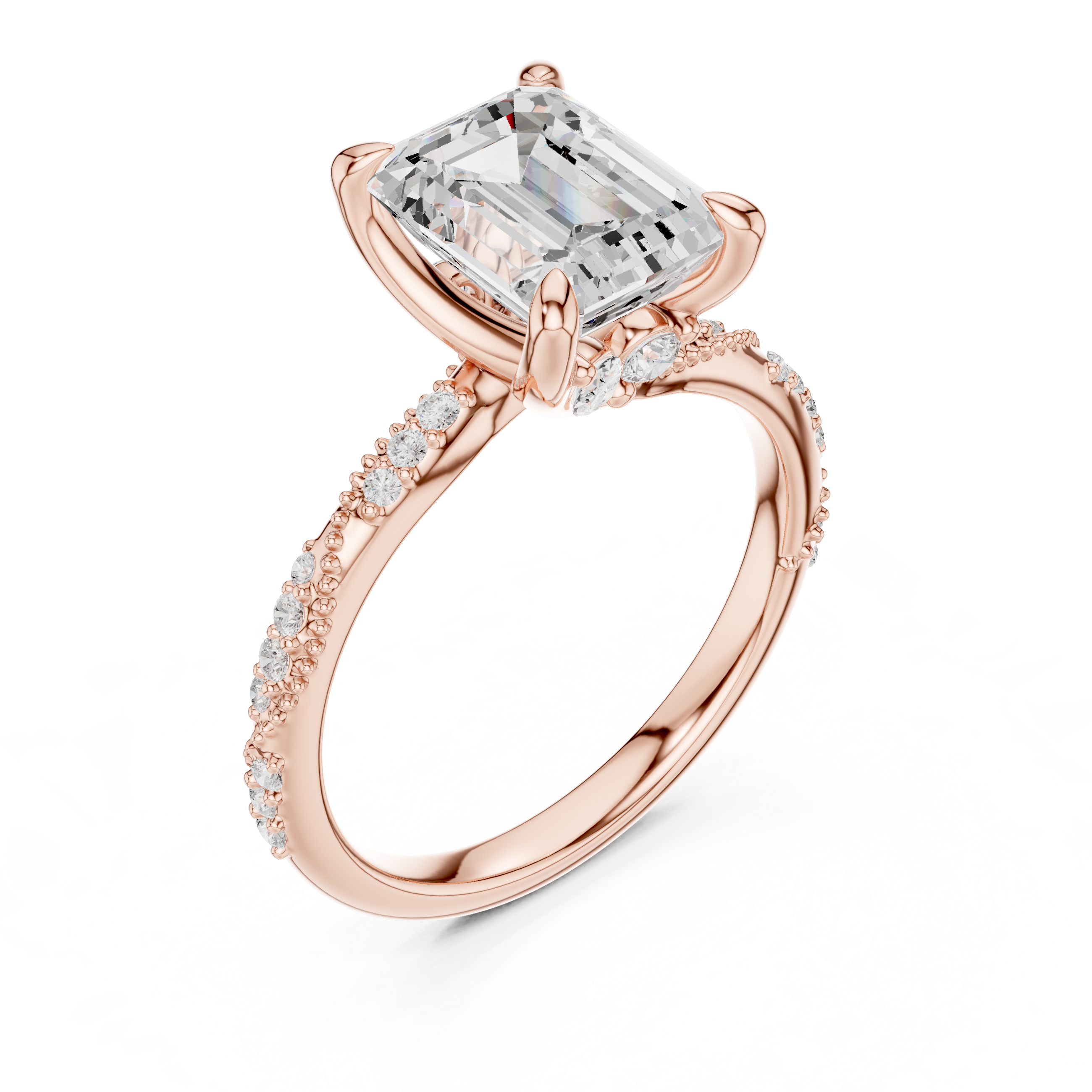 Emerald Cut Solitaire Engagement Ring with Side Pavé Diamond Band and Hidden Halo