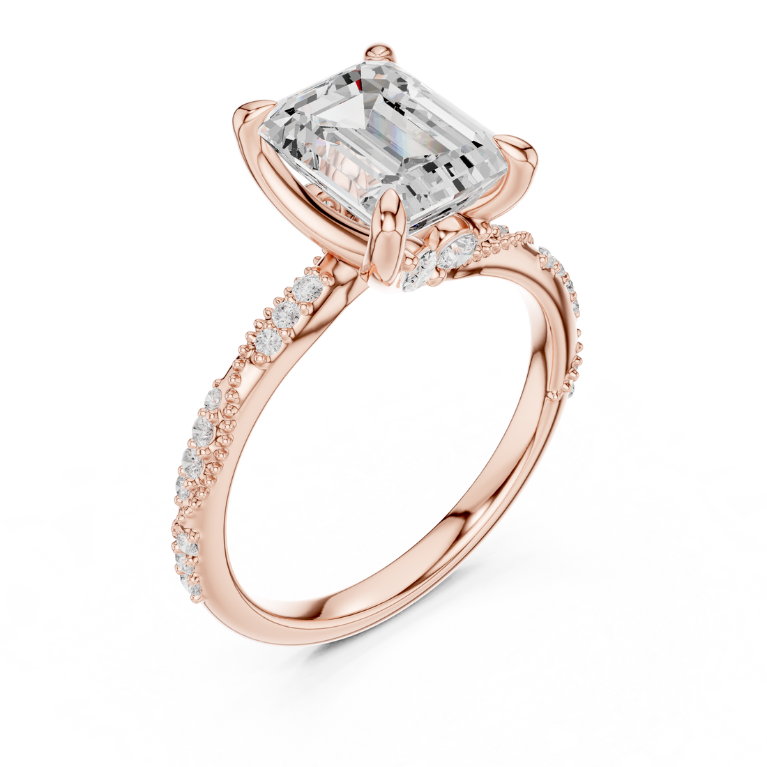 Emerald Cut Solitaire Engagement Ring with Side Pavé Diamond Band and Hidden Halo