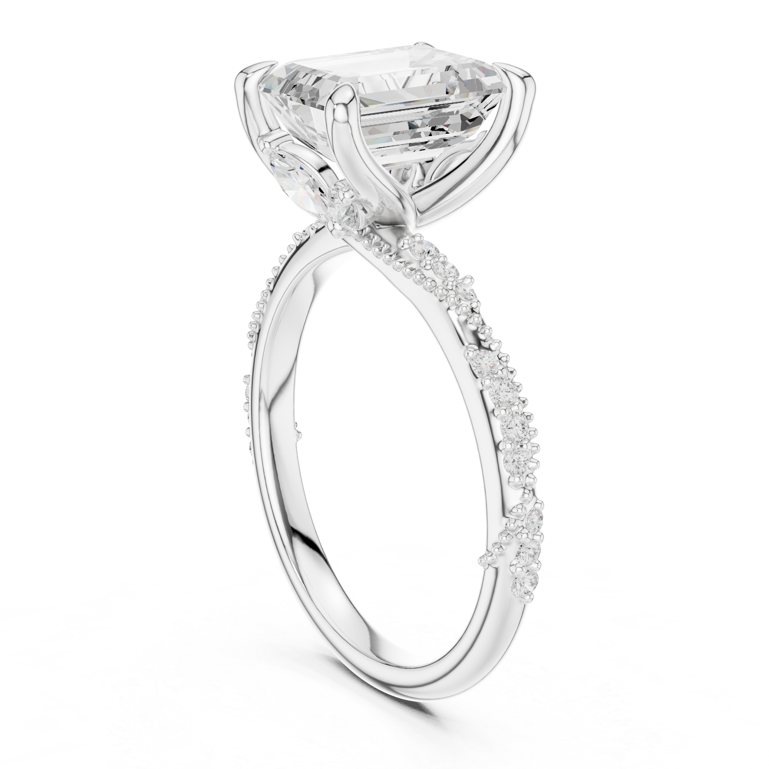 Emerald Cut Solitaire Engagement Ring with Side Pavé Diamond Band and Hidden Halo