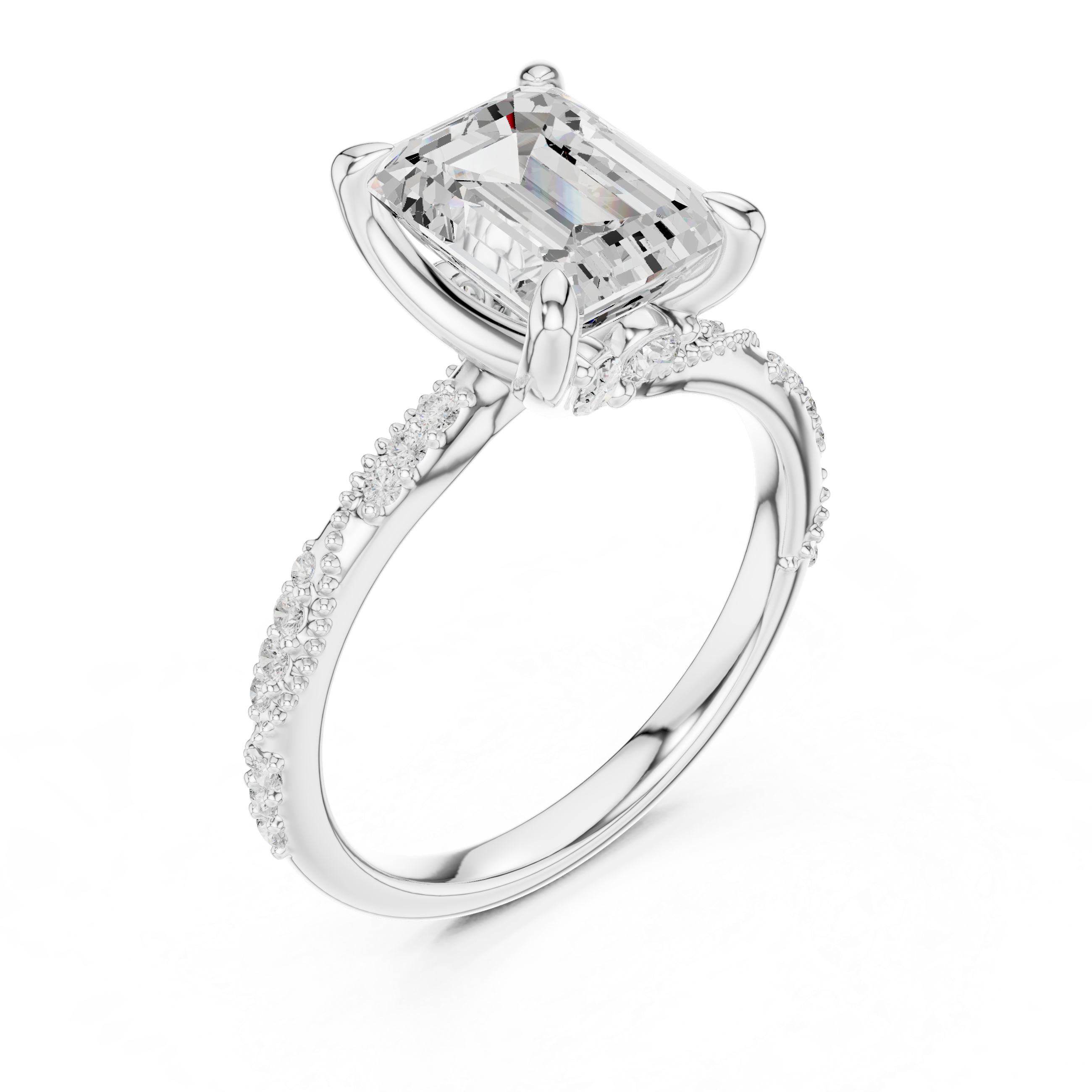 Emerald Cut Solitaire Engagement Ring with Side Pavé Diamond Band and Hidden Halo