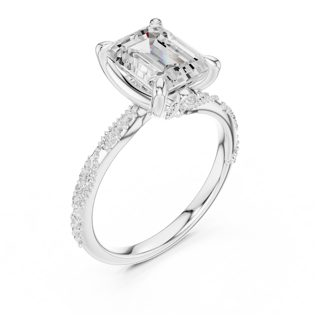 Emerald Cut Solitaire Engagement Ring with Side Pavé Diamond Band and Hidden Halo