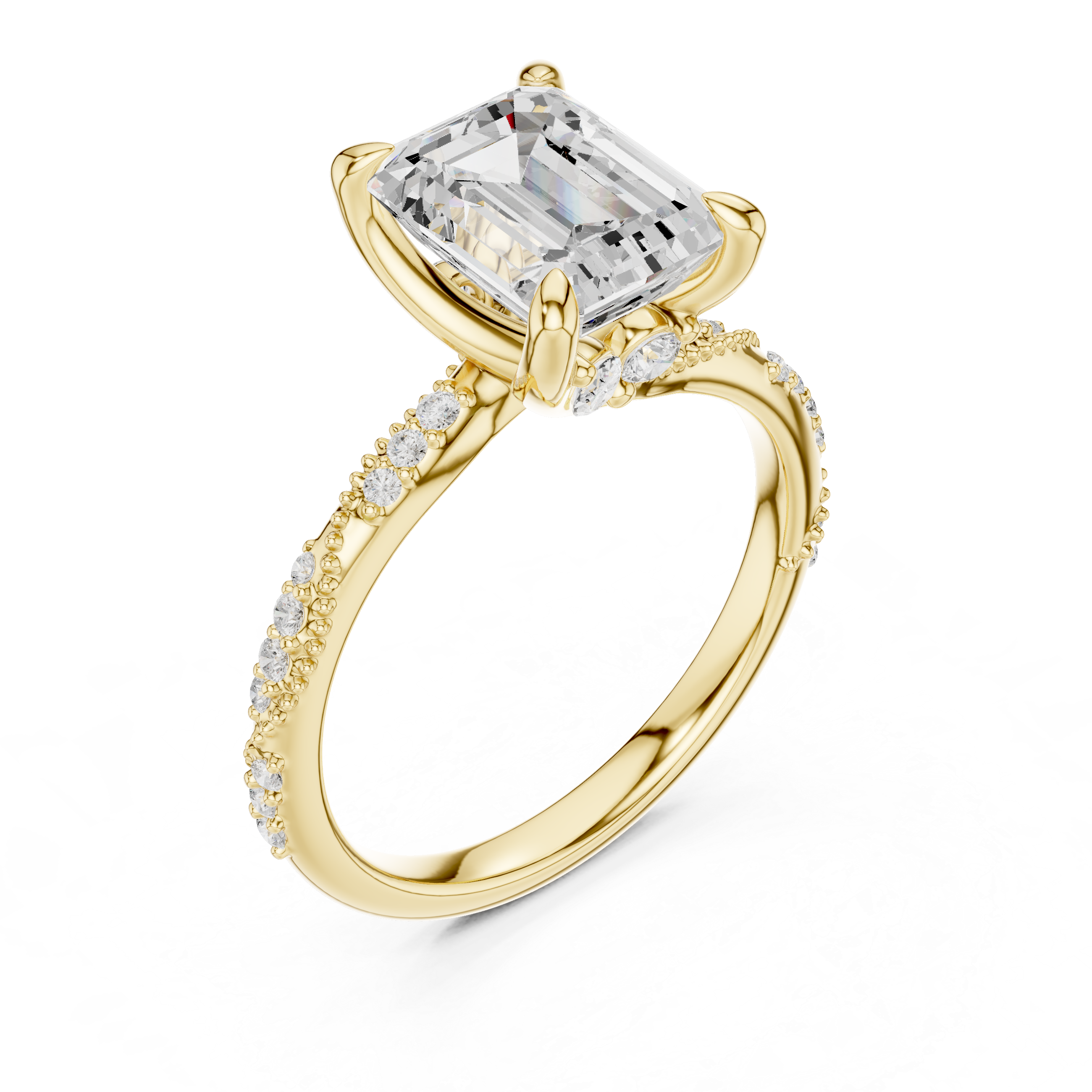 Emerald Cut Solitaire Engagement Ring with Side Pavé Diamond Band and Hidden Halo