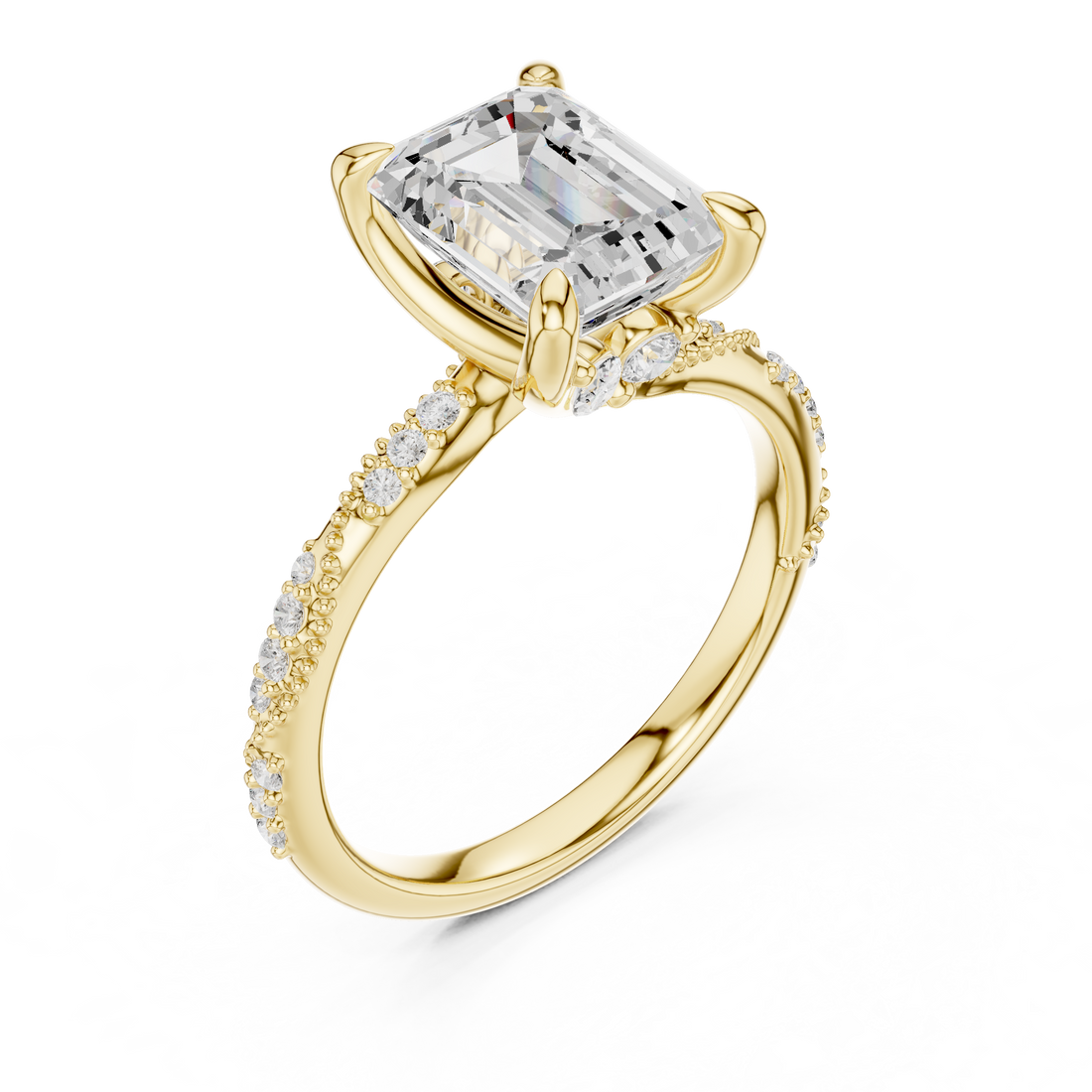 Emerald Cut Solitaire Engagement Ring with Side Pavé Diamond Band and Hidden Halo