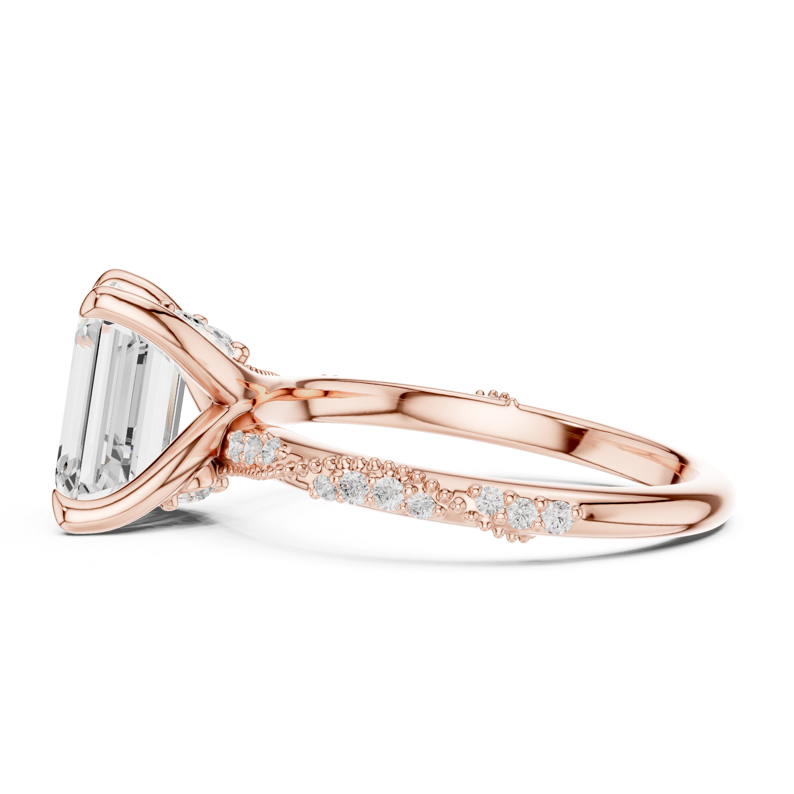 Emerald Cut Solitaire Engagement Ring with Side Pavé Diamond Band and Hidden Halo
