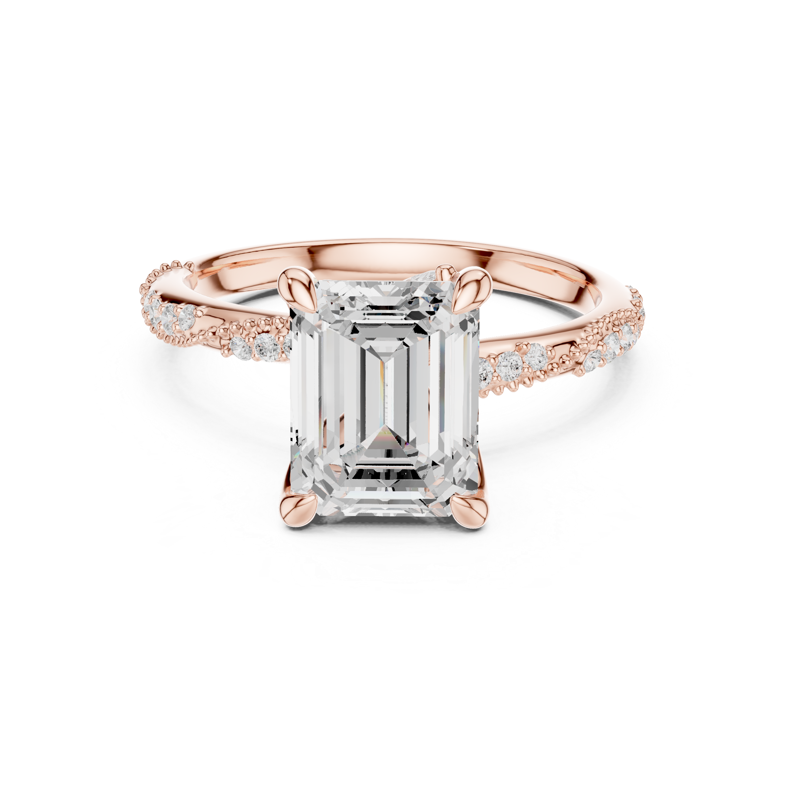 Emerald Cut Solitaire Engagement Ring with Side Pavé Diamond Band and Hidden Halo