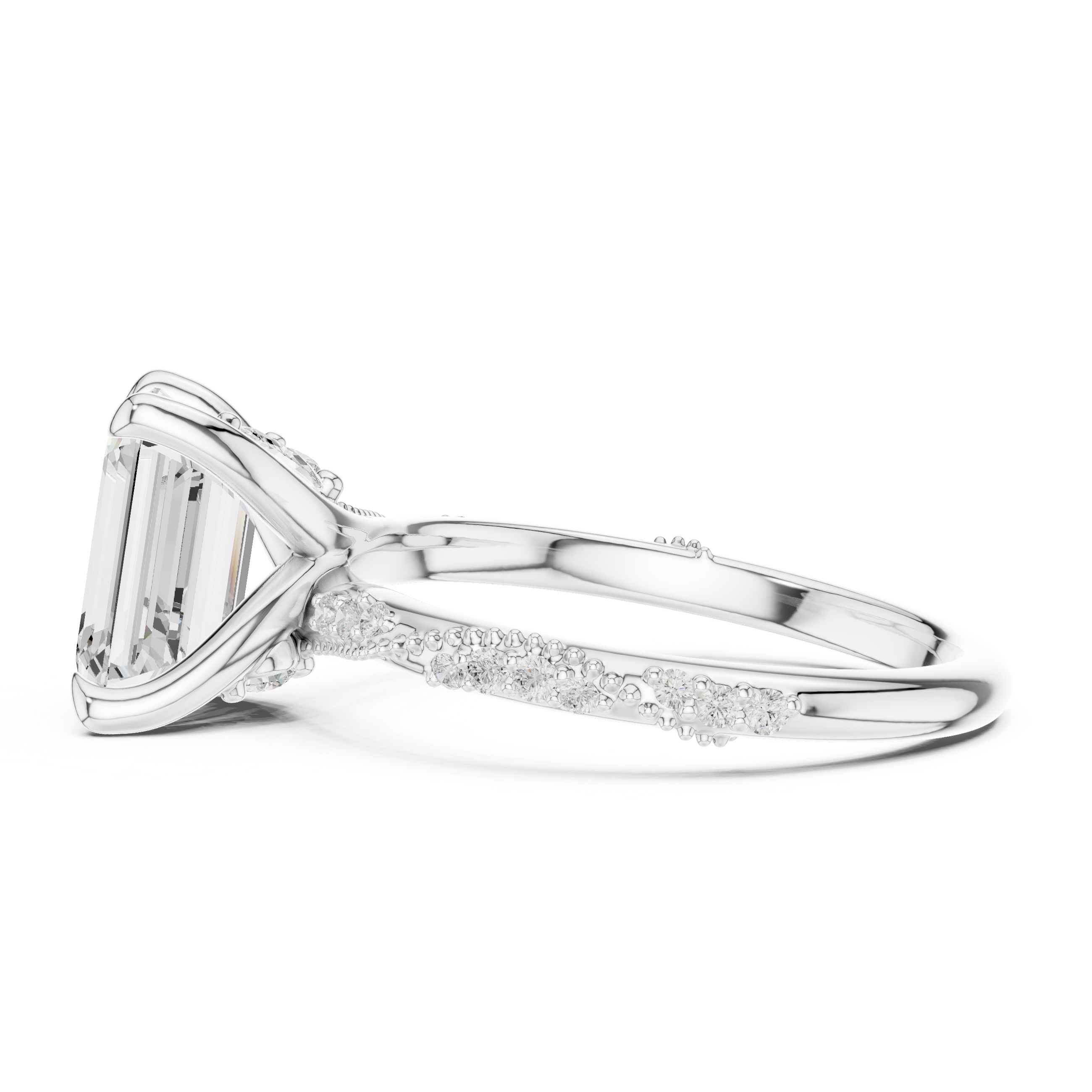 Emerald Cut Solitaire Engagement Ring with Side Pavé Diamond Band and Hidden Halo