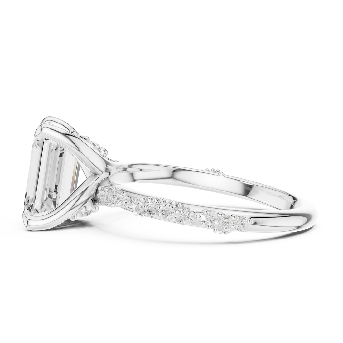 Emerald Cut Solitaire Engagement Ring with Side Pavé Diamond Band and Hidden Halo