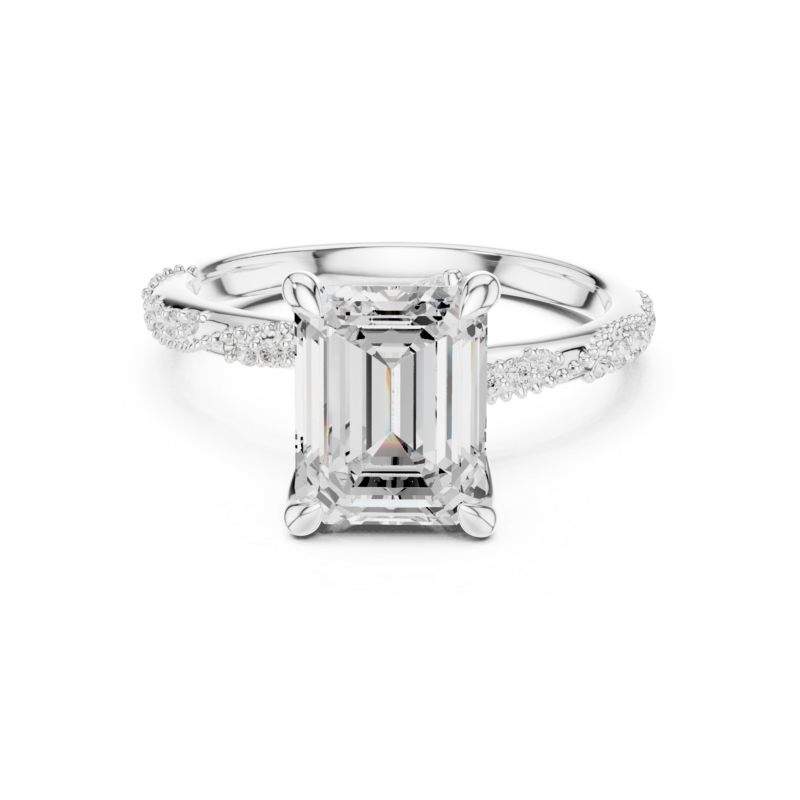 Emerald Cut Solitaire Engagement Ring with Side Pavé Diamond Band and Hidden Halo