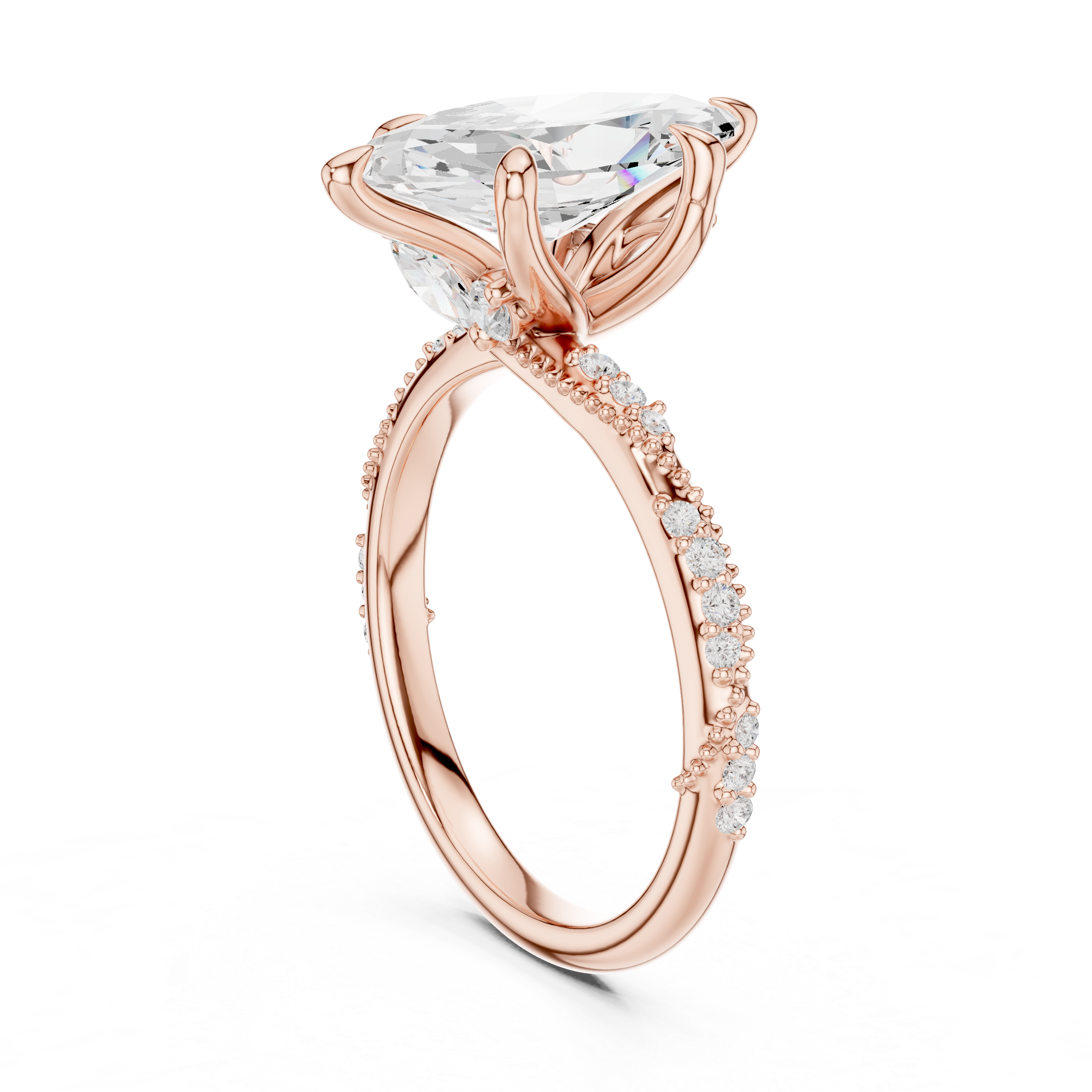 Marquise Cut Solitaire Engagement Ring with Side Pavé Diamond Band and Hidden Halo