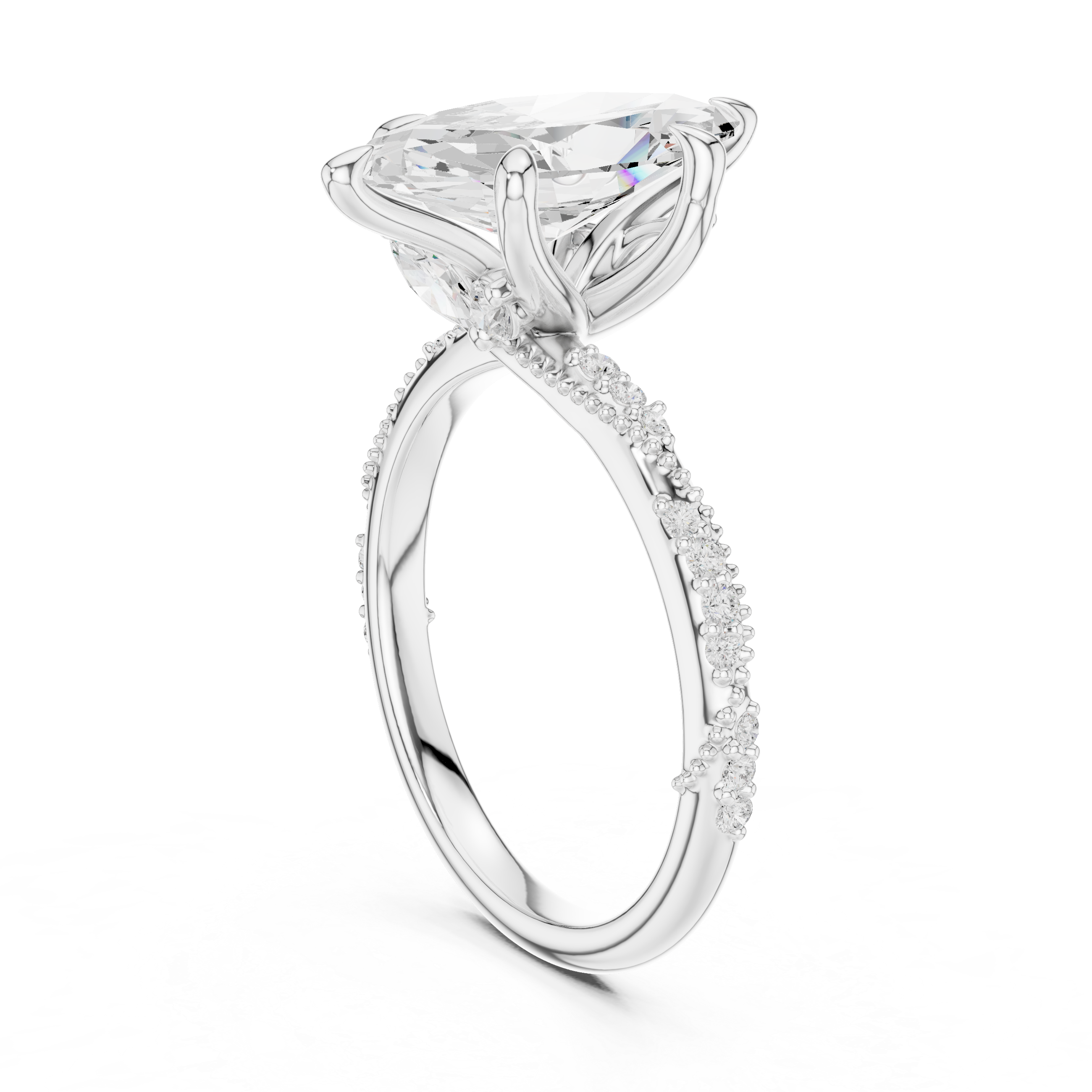 Marquise Cut Solitaire Engagement Ring with Side Pavé Diamond Band and Hidden Halo