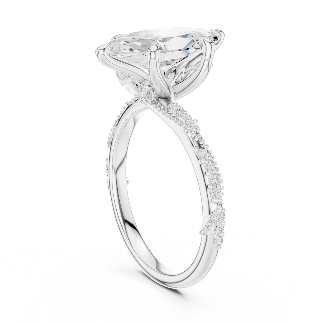 Marquise Cut Solitaire Engagement Ring with Side Pavé Diamond Band and Hidden Halo