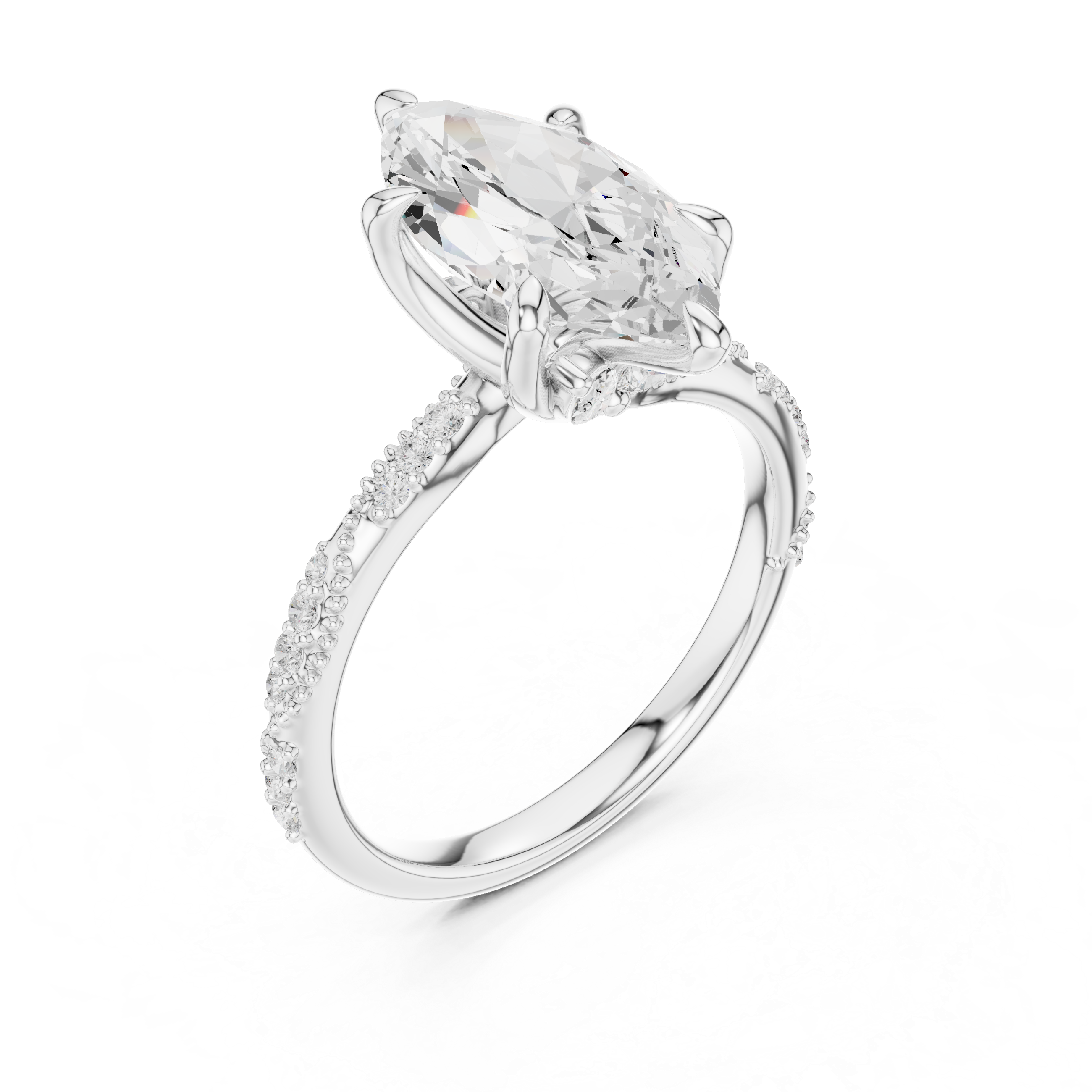 Marquise Cut Solitaire Engagement Ring with Side Pavé Diamond Band and Hidden Halo