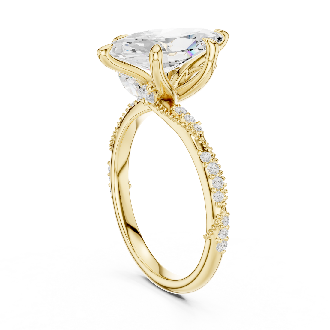 Marquise Cut Solitaire Engagement Ring with Side Pavé Diamond Band and Hidden Halo