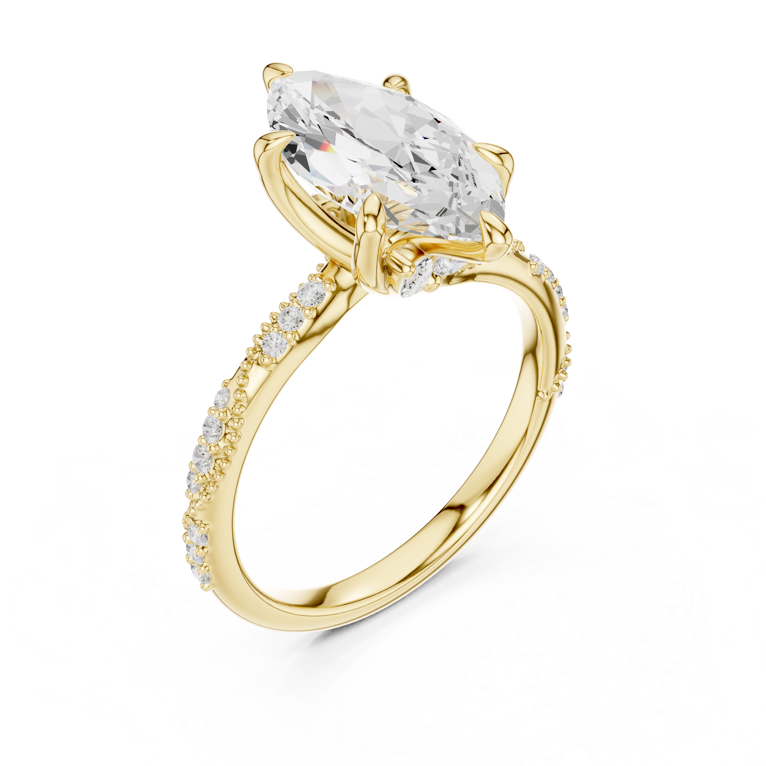 Marquise Cut Solitaire Engagement Ring with Side Pavé Diamond Band and Hidden Halo