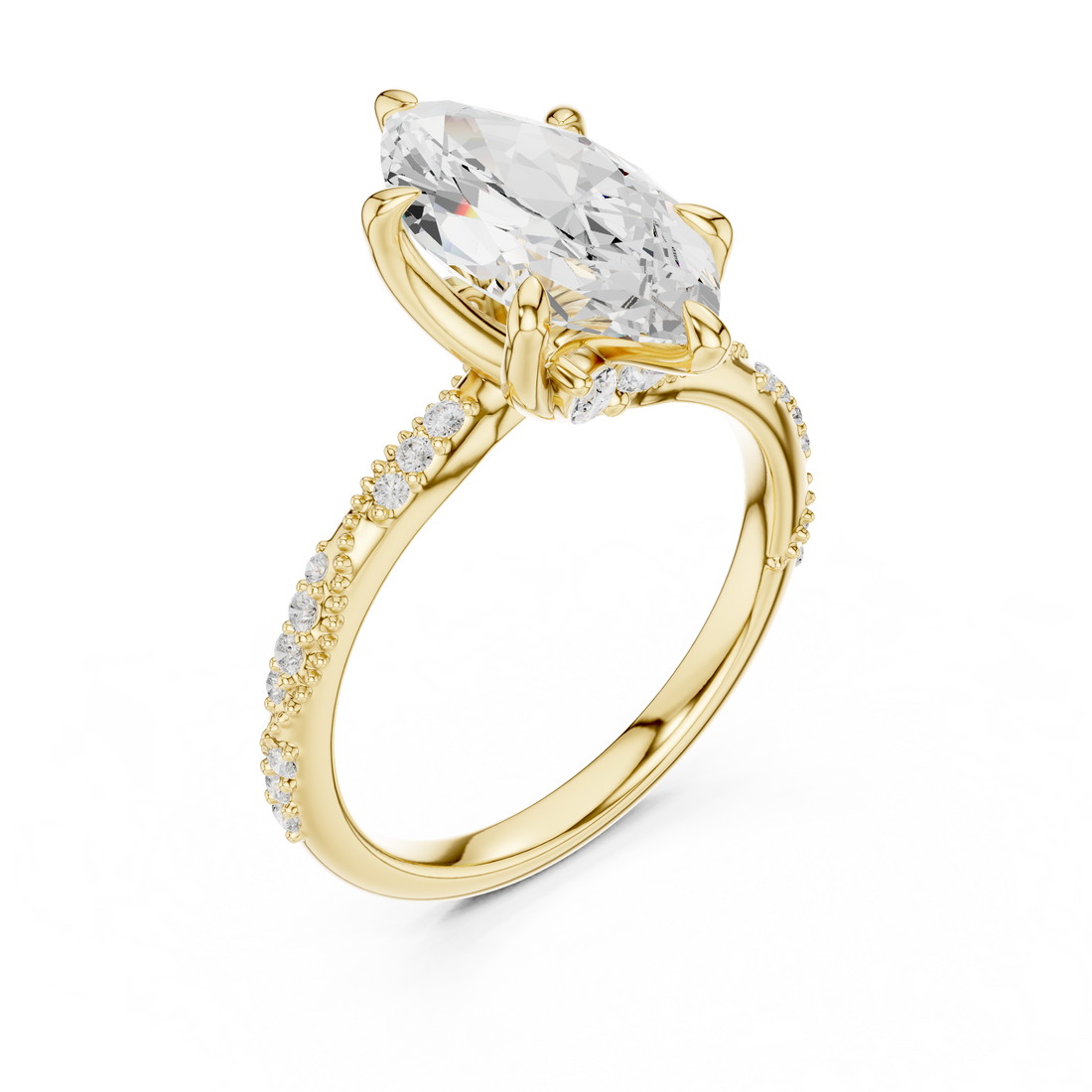 Marquise Cut Solitaire Engagement Ring with Side Pavé Diamond Band and Hidden Halo