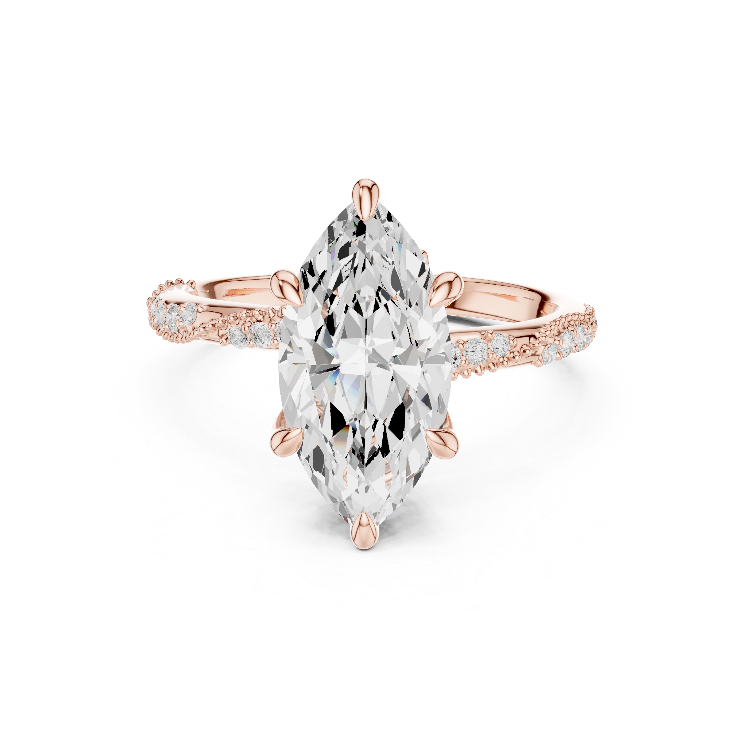 Marquise Cut Solitaire Engagement Ring with Side Pavé Diamond Band and Hidden Halo