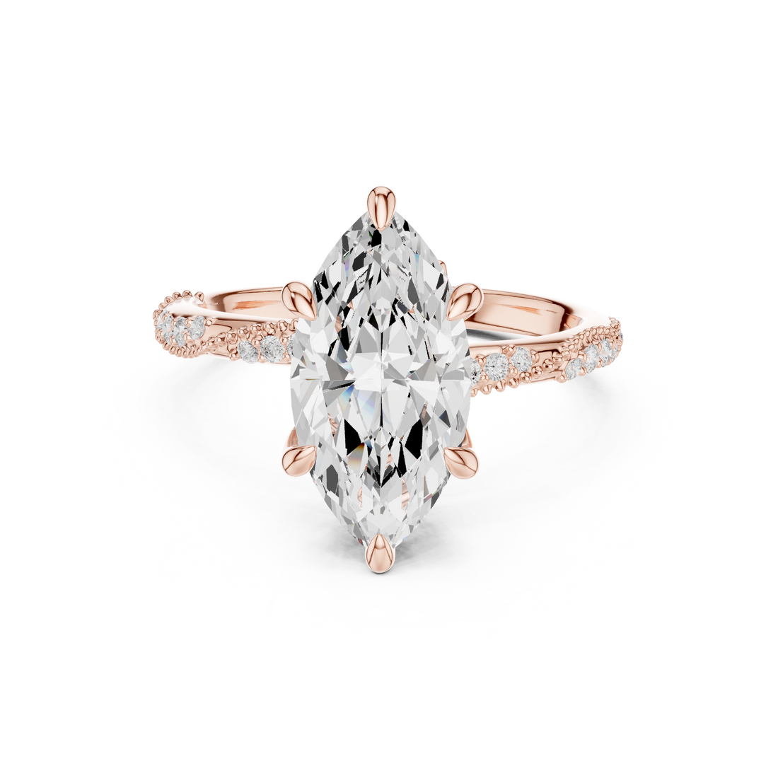 Marquise Cut Solitaire Engagement Ring with Side Pavé Diamond Band and Hidden Halo