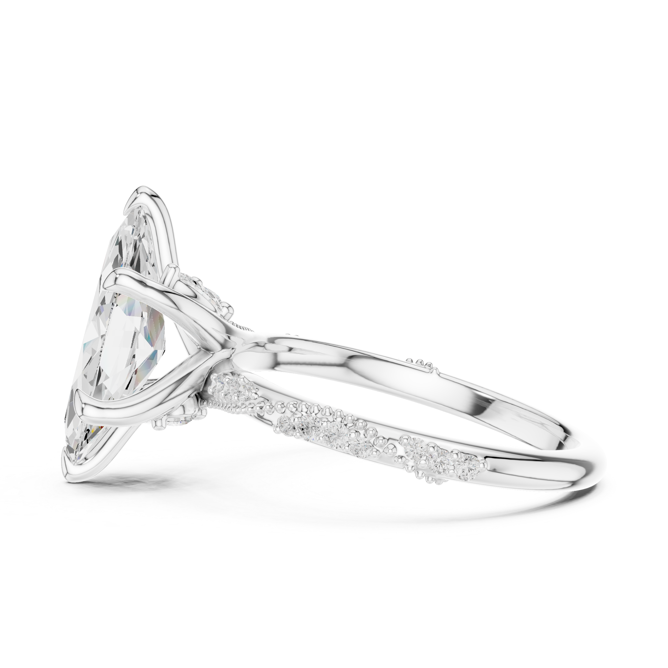 Marquise Cut Solitaire Engagement Ring with Side Pavé Diamond Band and Hidden Halo