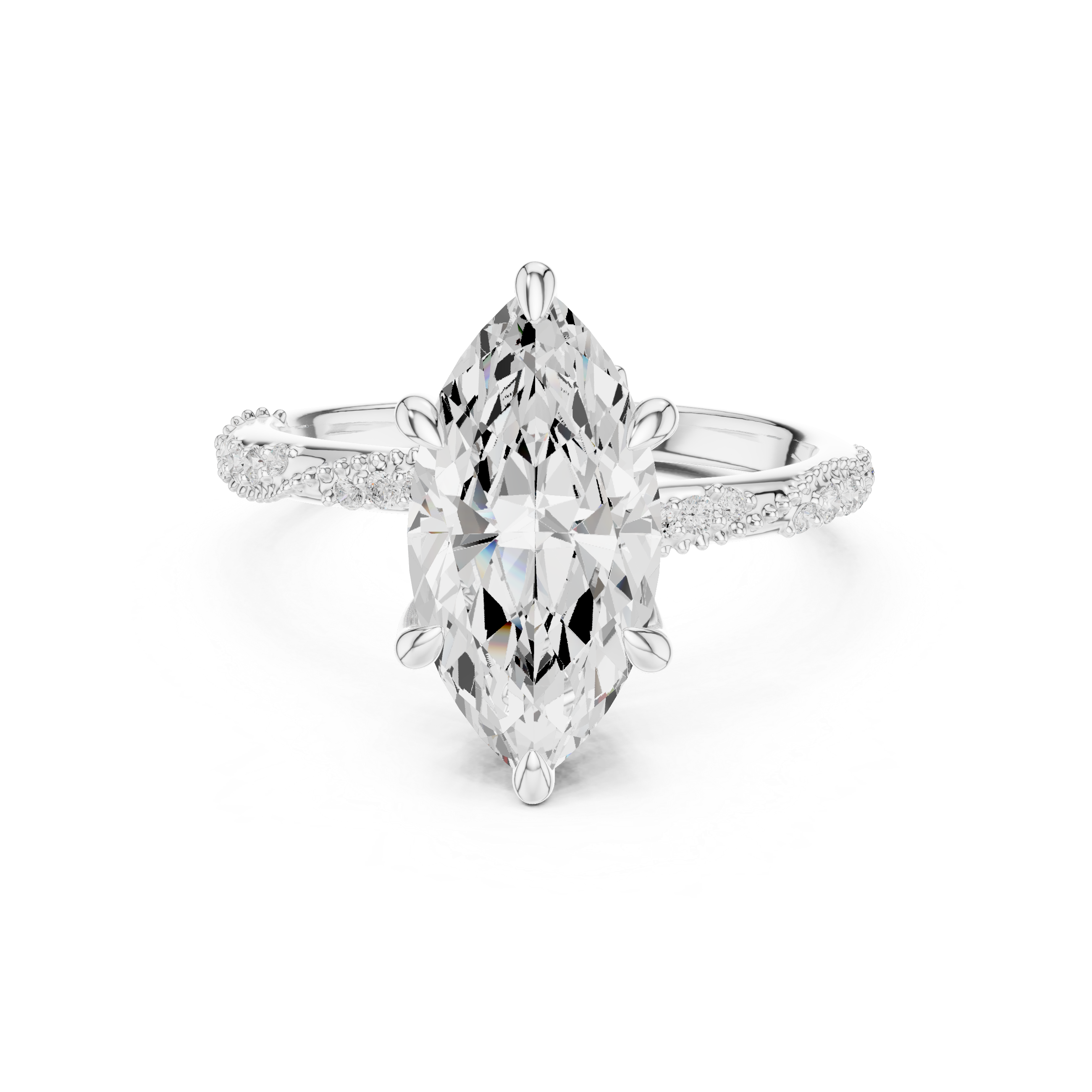 Marquise Cut Solitaire Engagement Ring with Side Pavé Diamond Band and Hidden Halo