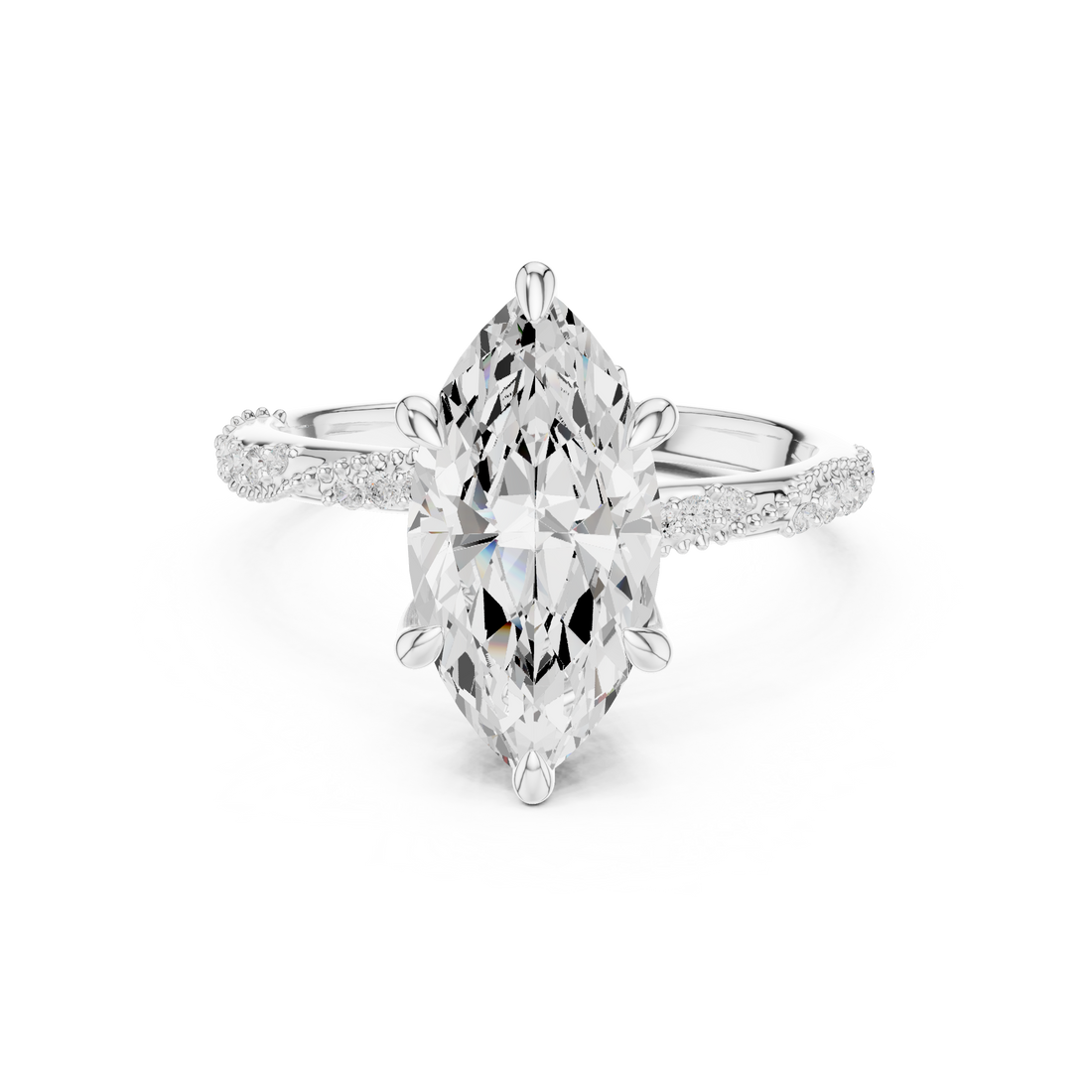 Marquise Cut Solitaire Engagement Ring with Side Pavé Diamond Band and Hidden Halo