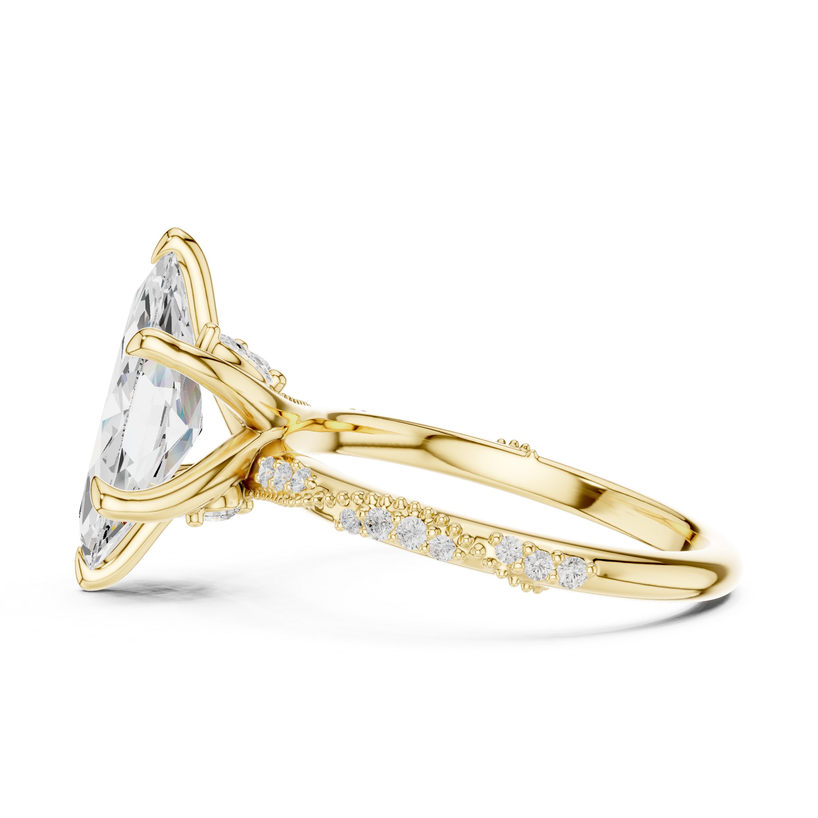 Marquise Cut Solitaire Engagement Ring with Side Pavé Diamond Band and Hidden Halo