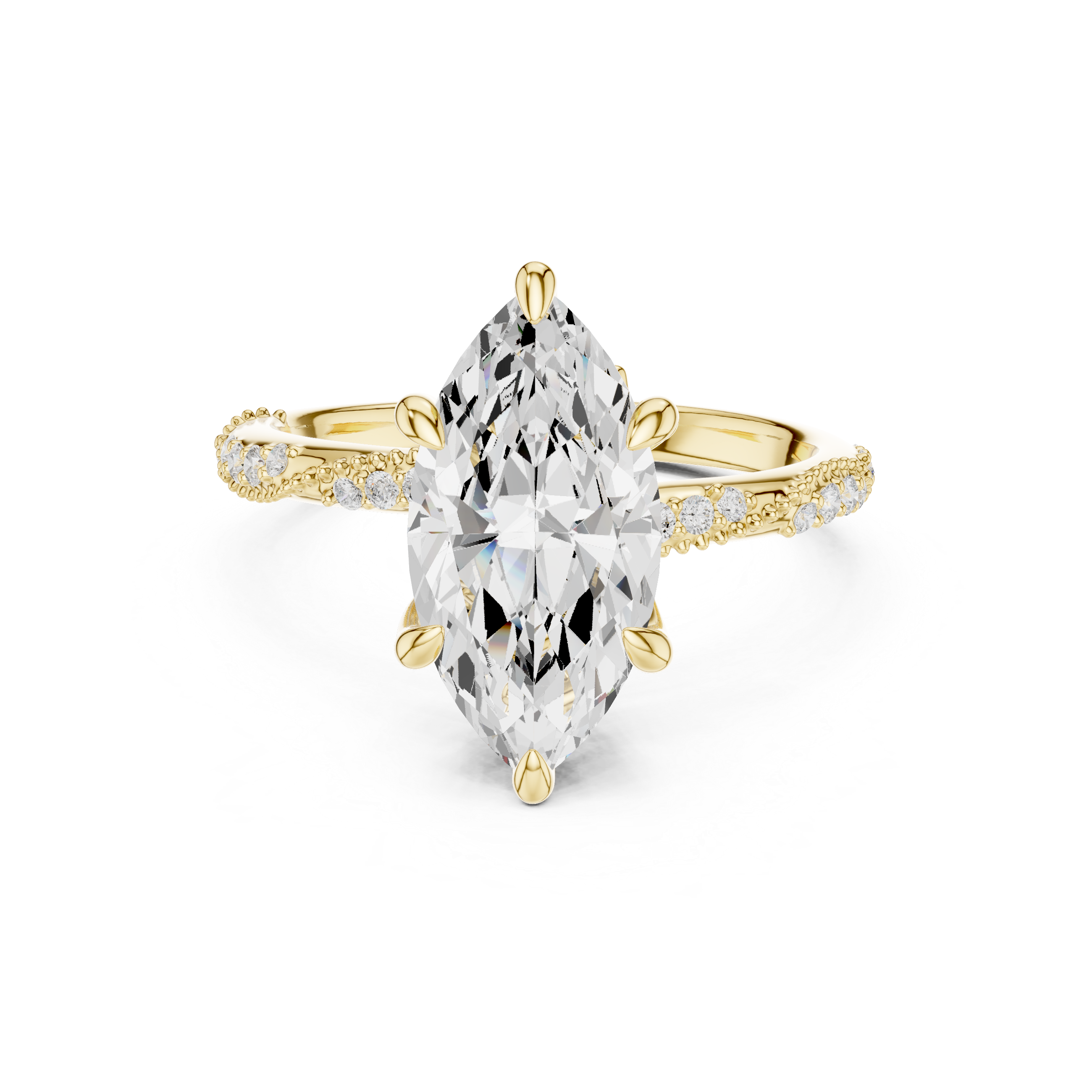 Marquise Cut Solitaire Engagement Ring with Side Pavé Diamond Band and Hidden Halo