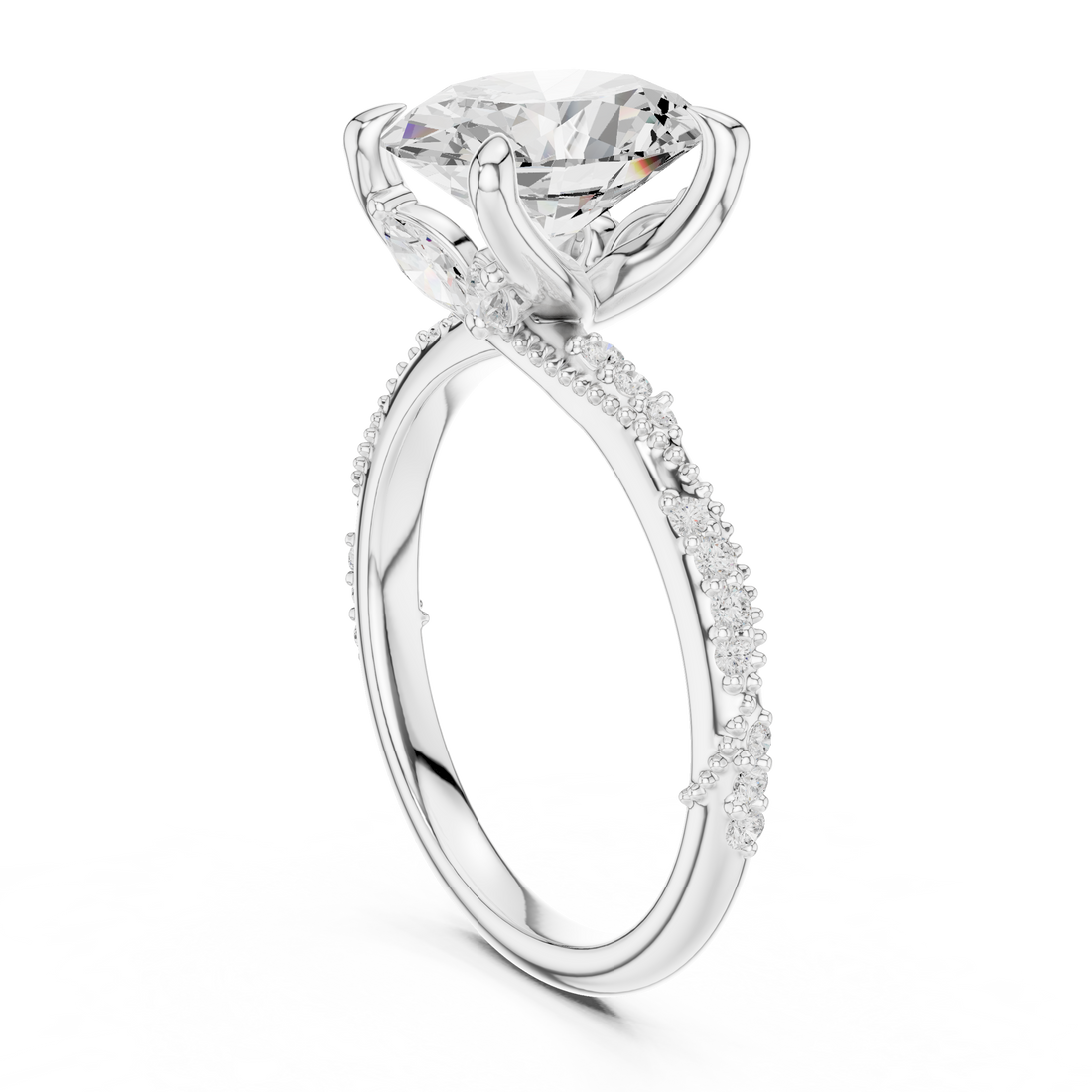 Oval Cut Solitaire Engagement Ring with Side Pavé Diamond Band and Hidden Halo