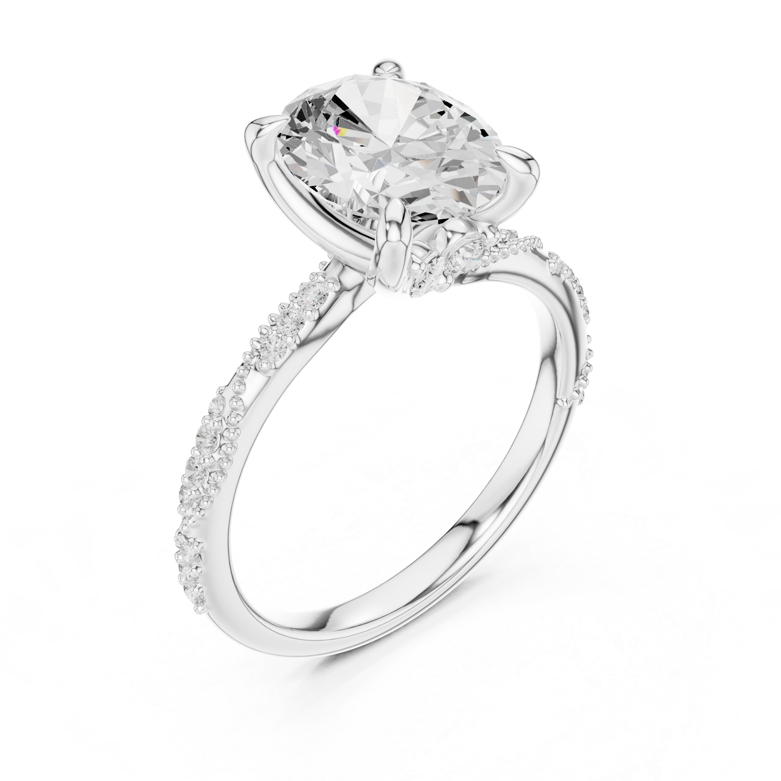 Oval Cut Solitaire Engagement Ring with Side Pavé Diamond Band and Hidden Halo