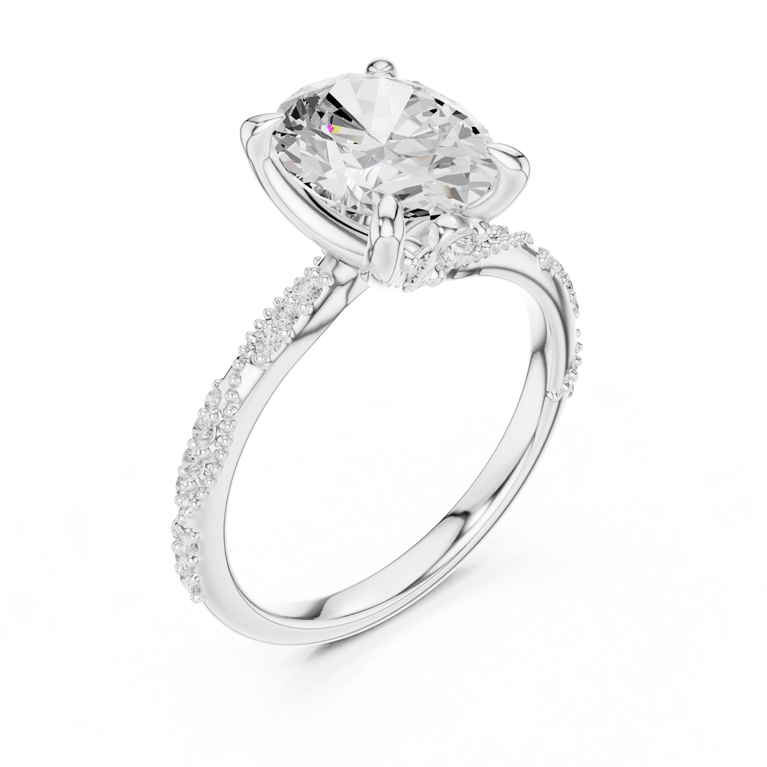 Oval Cut Solitaire Engagement Ring with Side Pavé Diamond Band and Hidden Halo