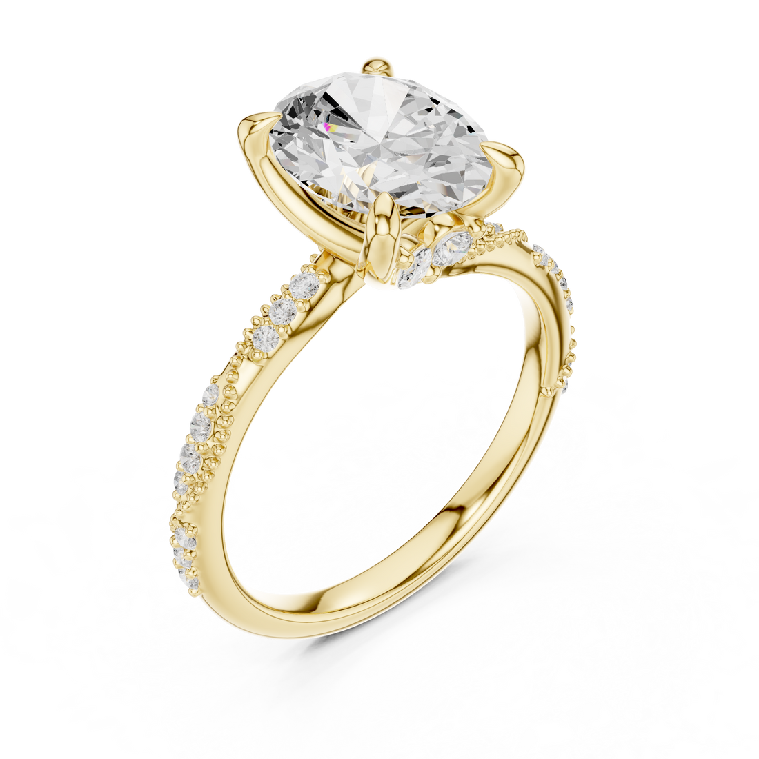 Oval Cut Solitaire Engagement Ring with Side Pavé Diamond Band and Hidden Halo