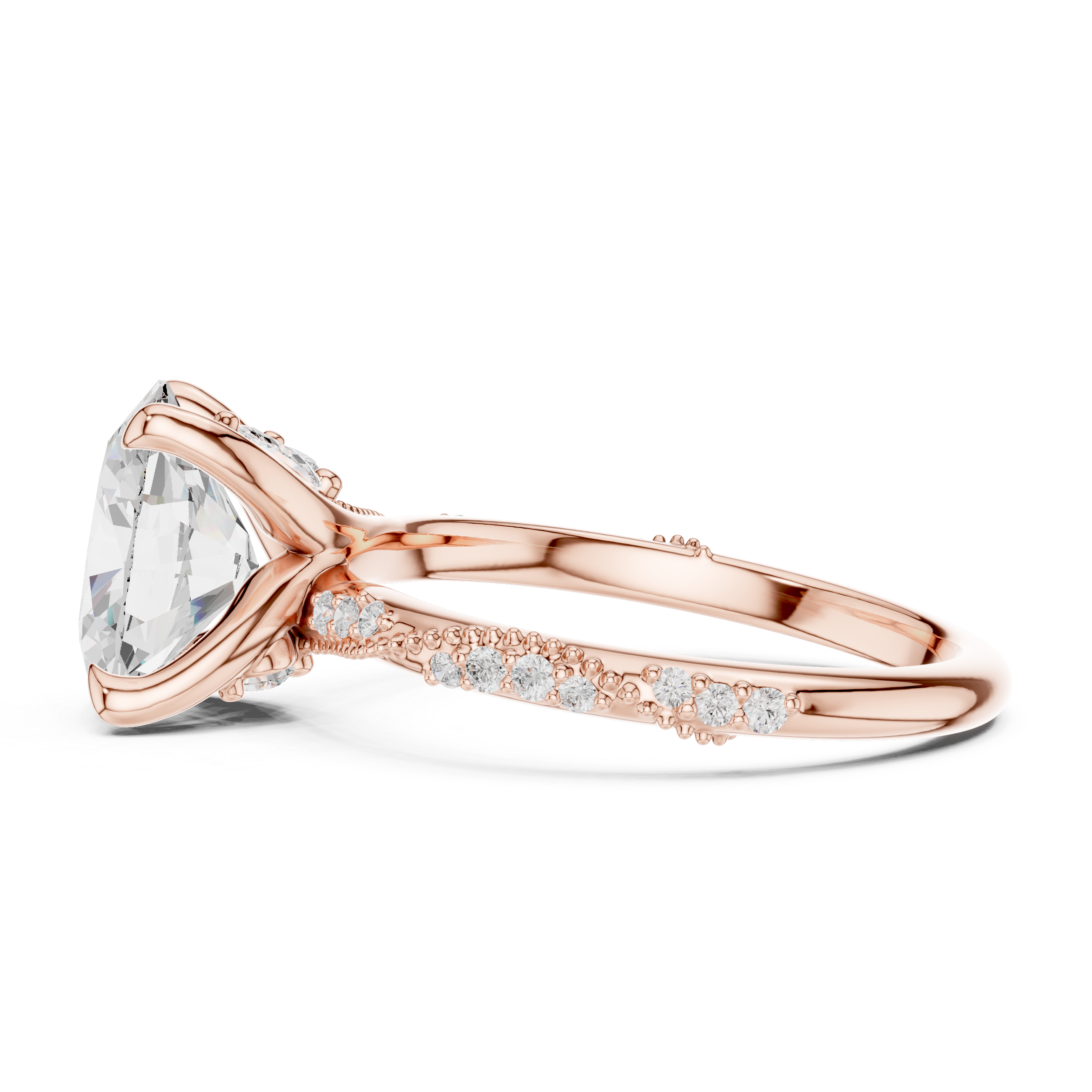 Oval Cut Solitaire Engagement Ring with Side Pavé Diamond Band and Hidden Halo