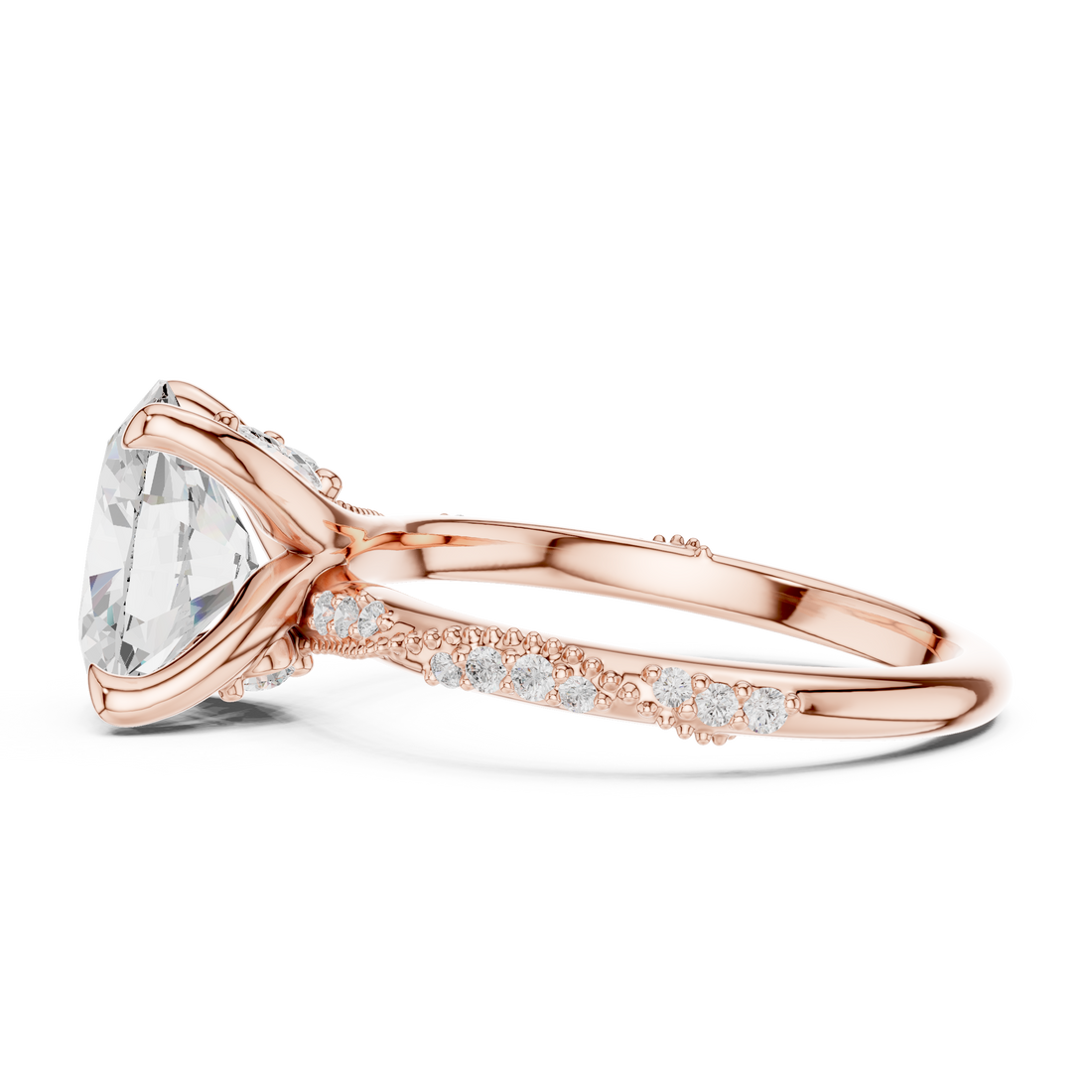 Oval Cut Solitaire Engagement Ring with Side Pavé Diamond Band and Hidden Halo
