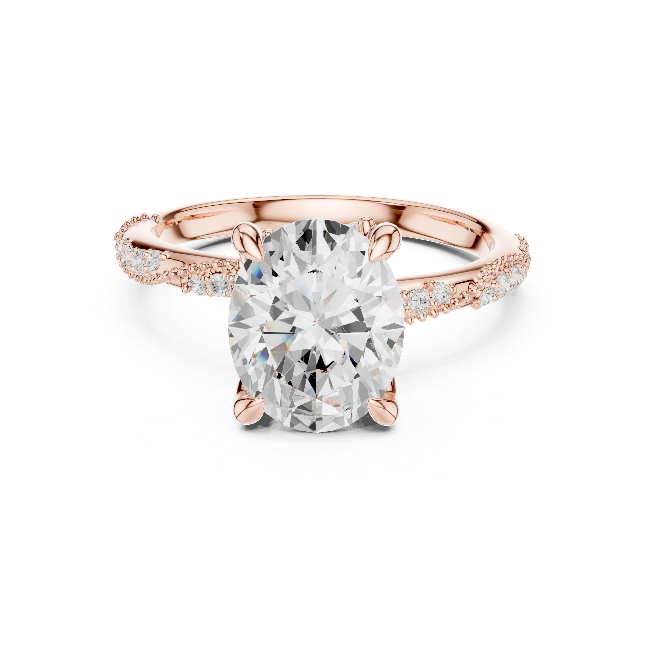 Oval Cut Solitaire Engagement Ring with Side Pavé Diamond Band and Hidden Halo