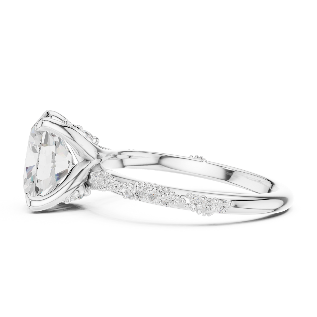 Oval Cut Solitaire Engagement Ring with Side Pavé Diamond Band and Hidden Halo