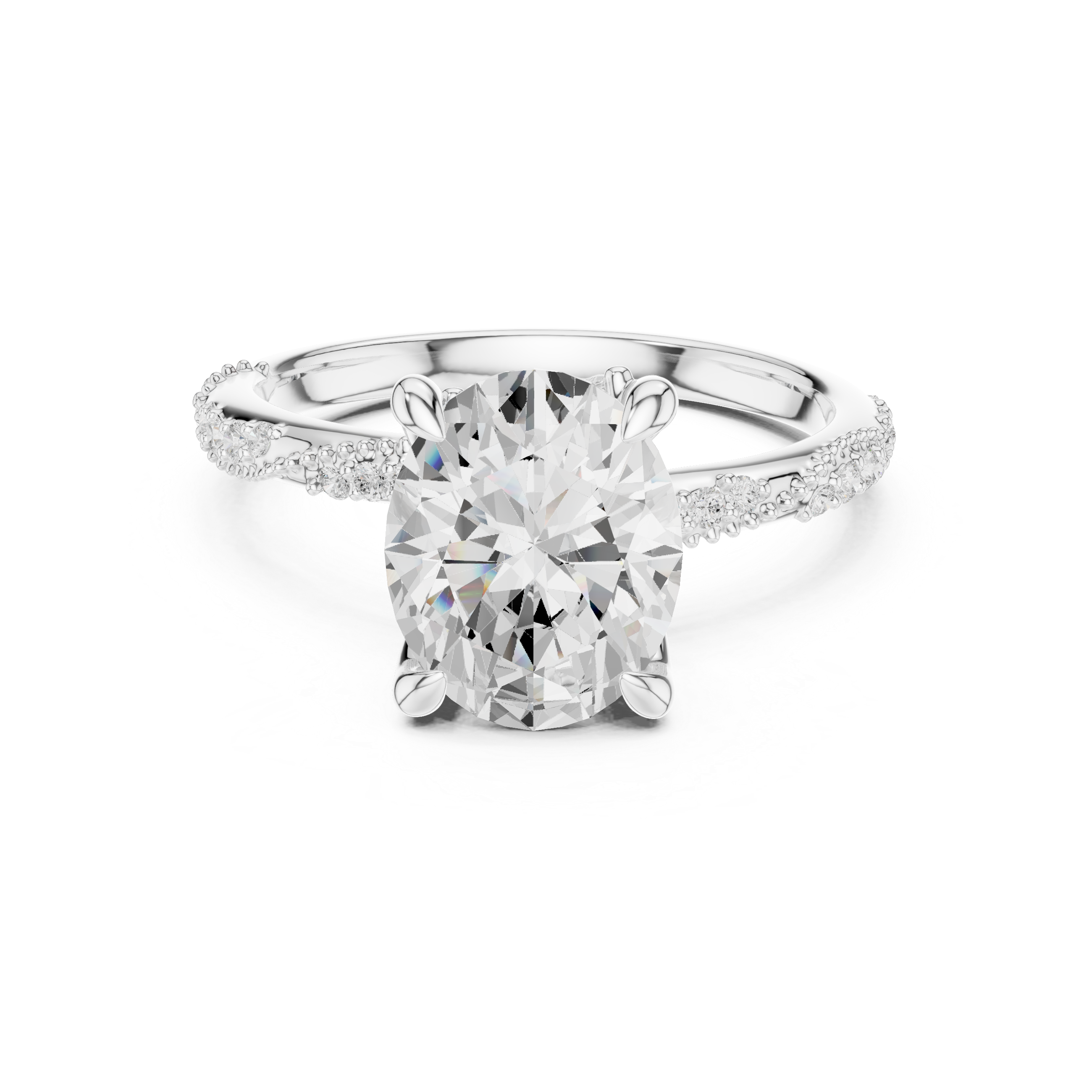 Oval Cut Solitaire Engagement Ring with Side Pavé Diamond Band and Hidden Halo