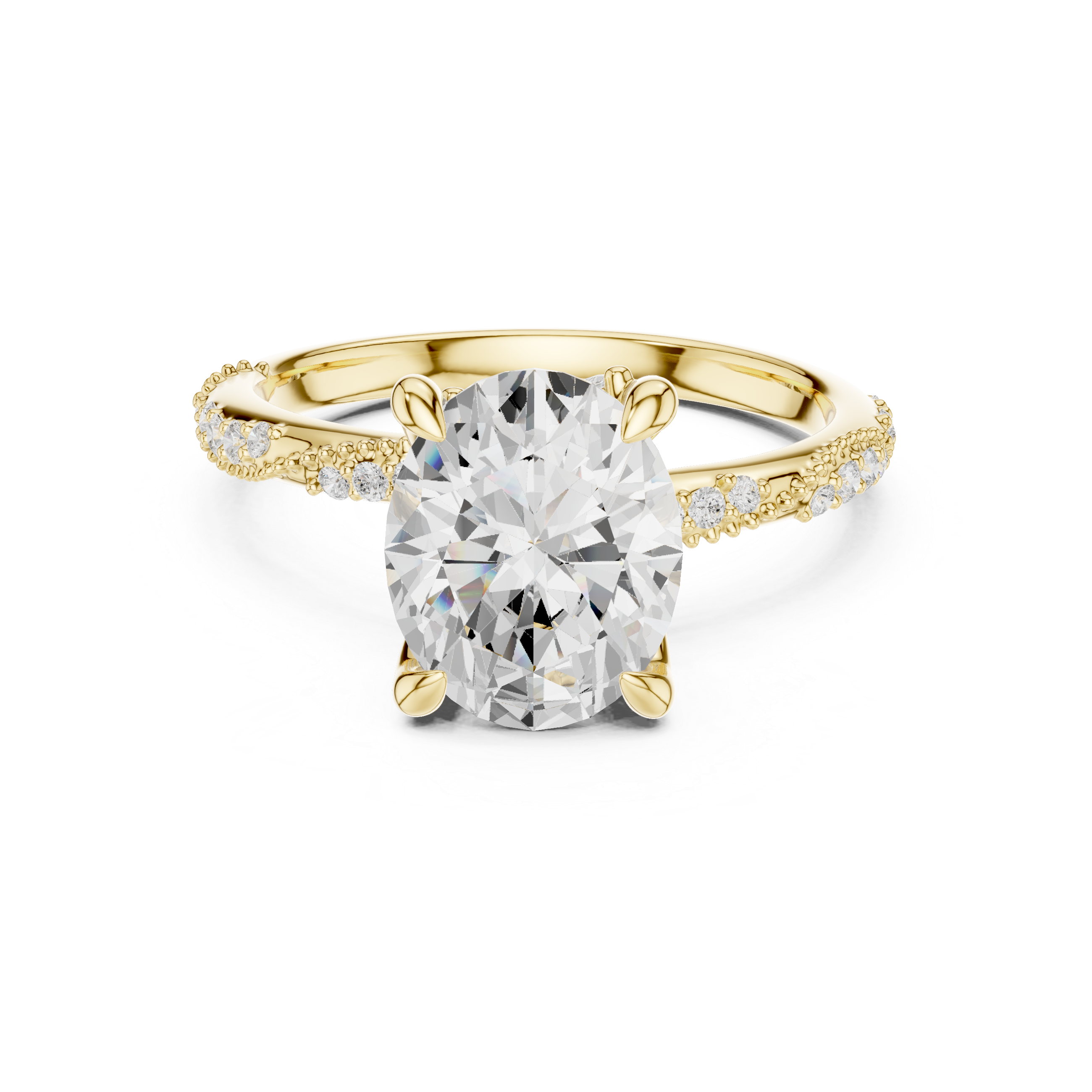 Oval Cut Solitaire Engagement Ring with Side Pavé Diamond Band and Hidden Halo
