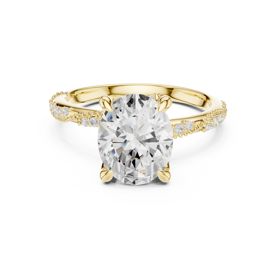 Oval Cut Solitaire Engagement Ring with Side Pavé Diamond Band and Hidden Halo